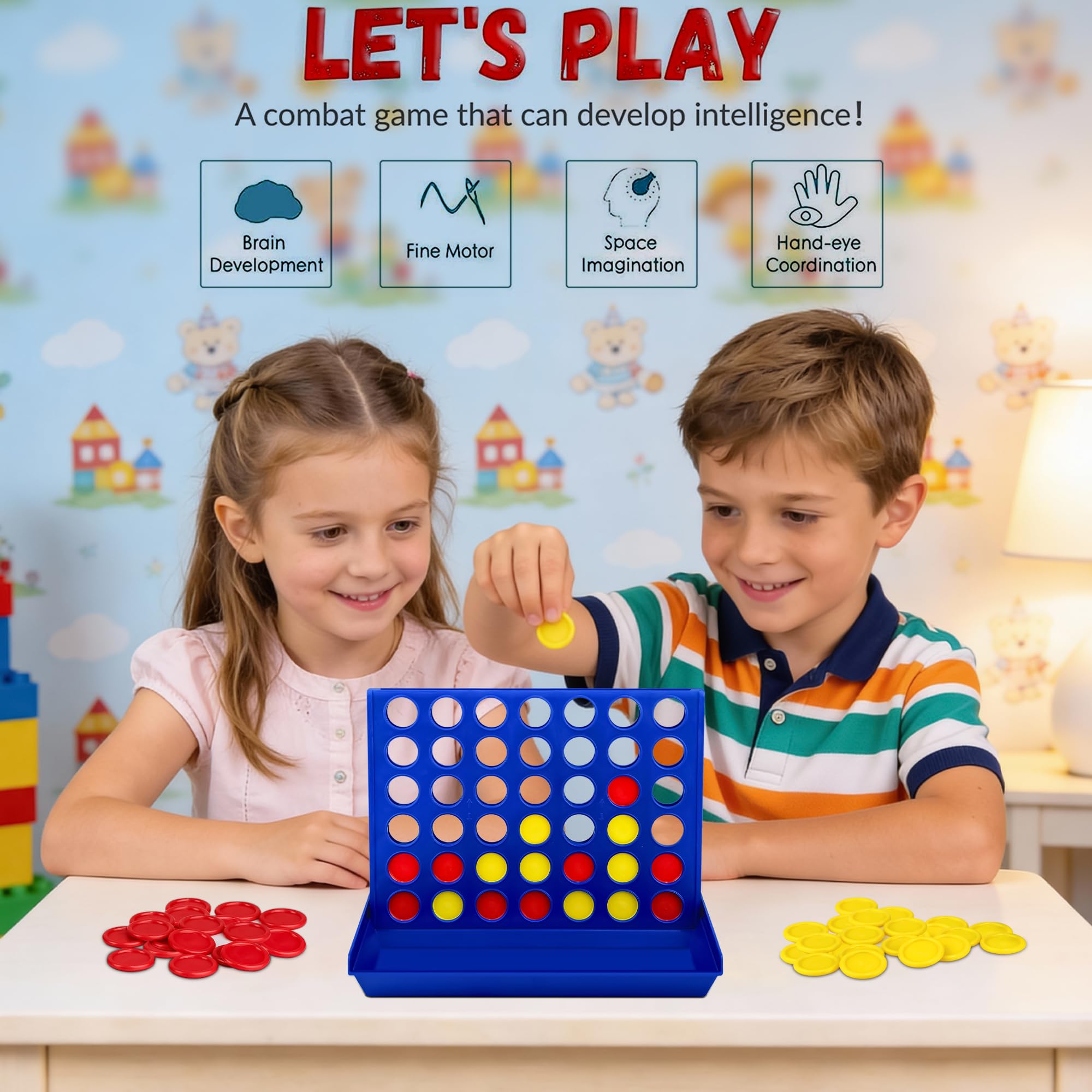 VingaHouse 4 in Linea Gioco-Quattro, Giocattoli di Giochi da Tavolo Giochi di Società per Bambini Giocattoli da Viaggio Giochi Educativi Ideale Regalo per Bambini 4 5 6 7 8 Anni in su [Blu]