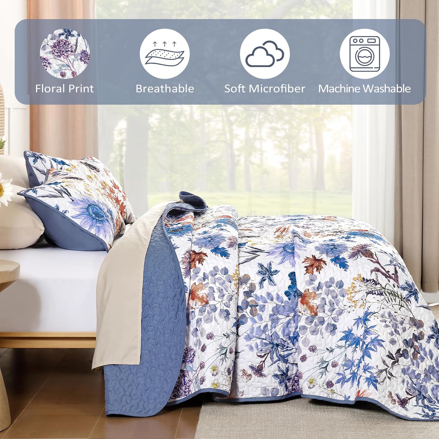 Yiran Blue Floral Quilt Set Queen Size, Spring Summer Sunflower Botanical Bedspread Bedding Set, 3 Pieces Soft Lightweight Microfiber Coverlet with 2 Pillow Shams for All Season 96x90 Inch - Image 6