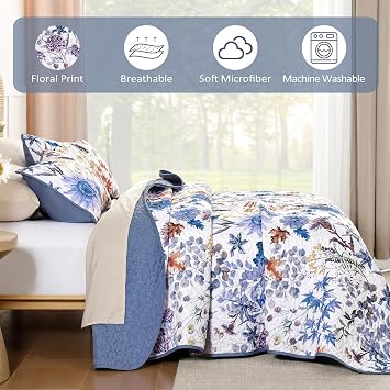 Yiran Blue Floral Quilts Queen Size, Sunflower Botanical Bedding Set