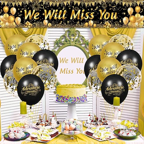 Miniatura 4 de Cartel de decoración de fiesta con texto en inglés "We Will Miss You" y 18 globos de buena suerte para despedida, despedida, jubilación, graduación,