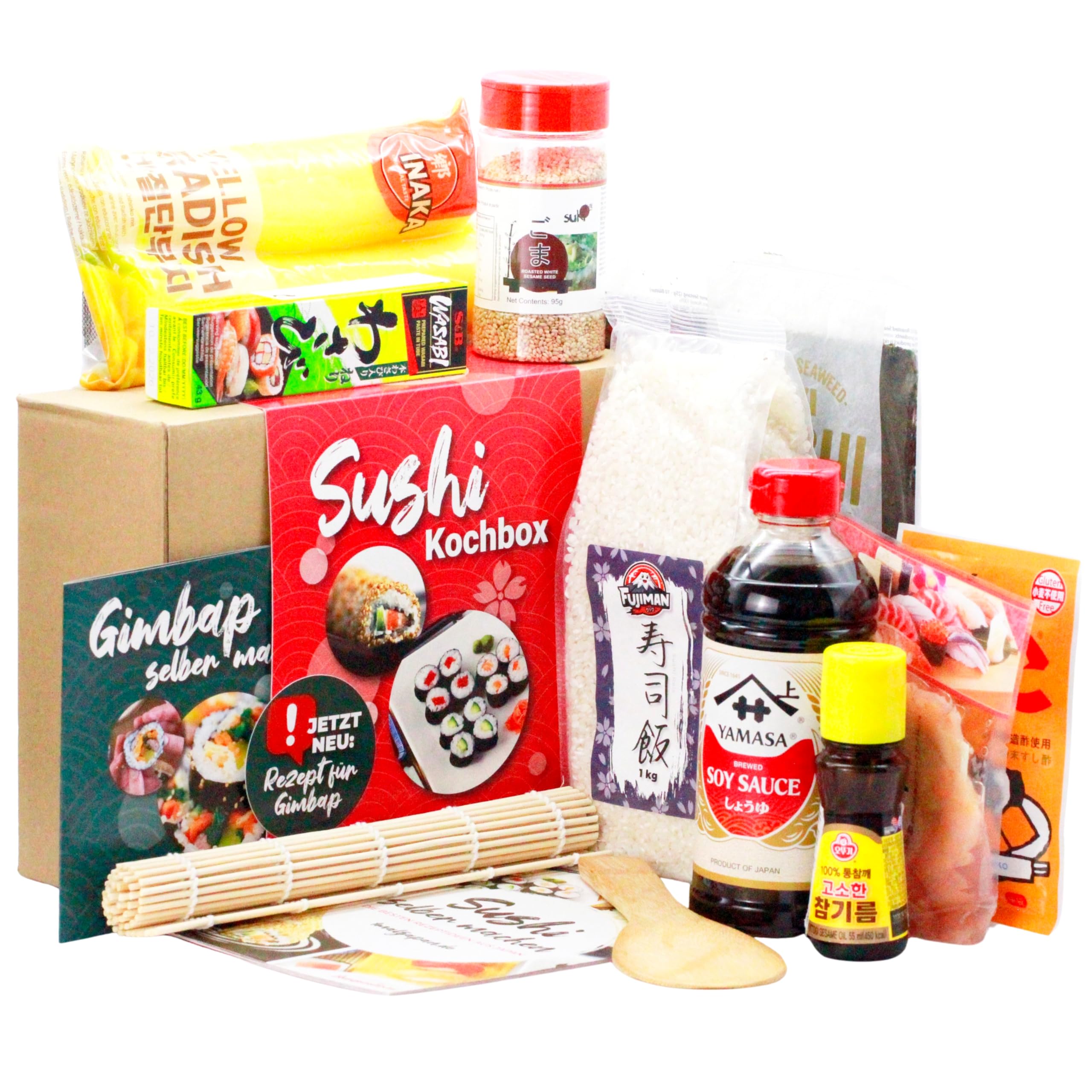 Sushi Box + Gimbap – für 6 Portionen, 11-teilige Kochbox inkl. Rezepte für Maki, Nigiri, Inside-Out & Kimbap – mit Reis, Nori, Sojasauce, Wasabi & Bambusmatte, vegan, Japan Geschenkidee