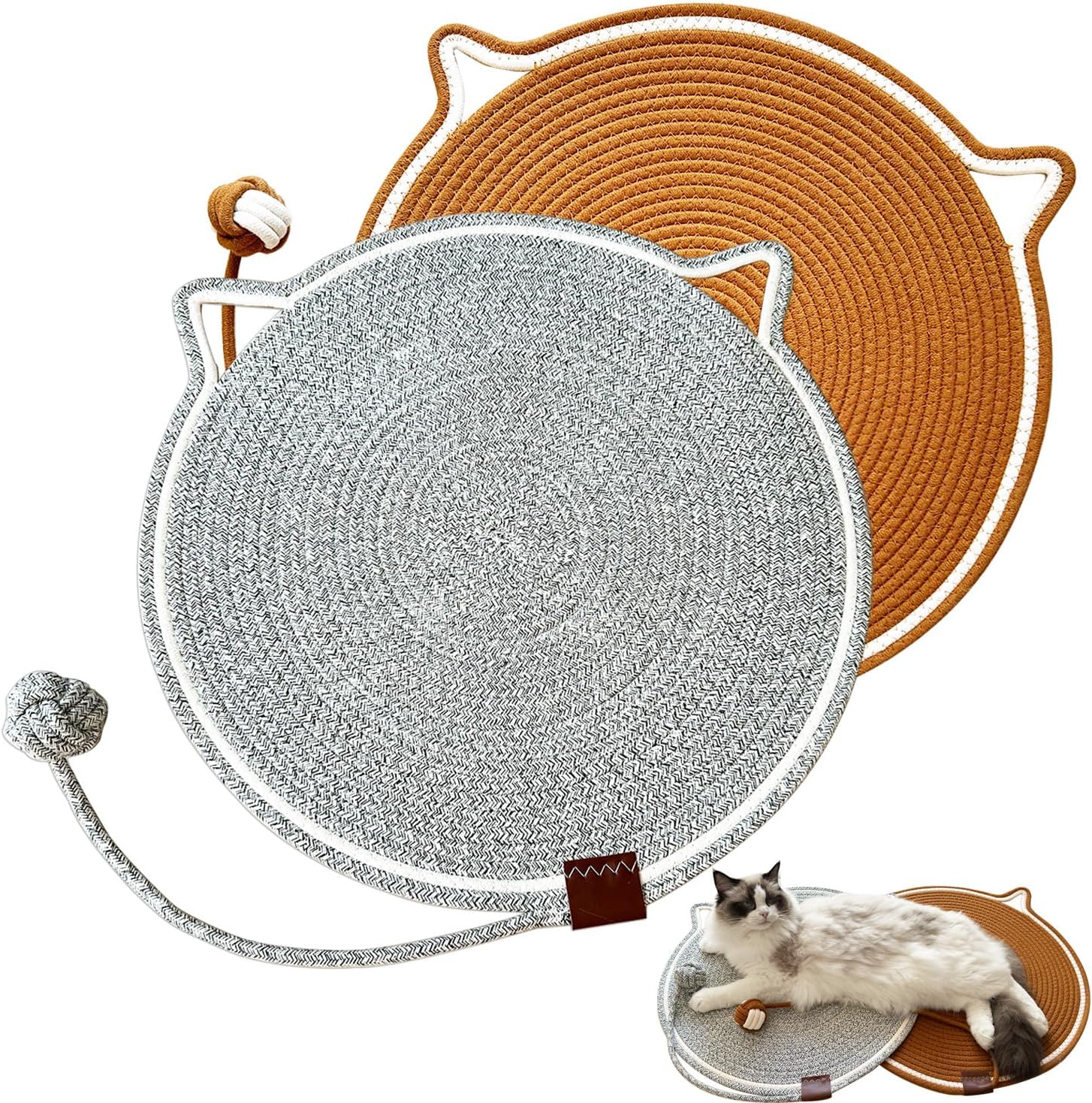 Cat Scratching Mat Natural Cotton Rope Cat Scratching Pad, Large Size Scratcher Mat with Toy (2 Packs 19.6”) (Grey + Brown)