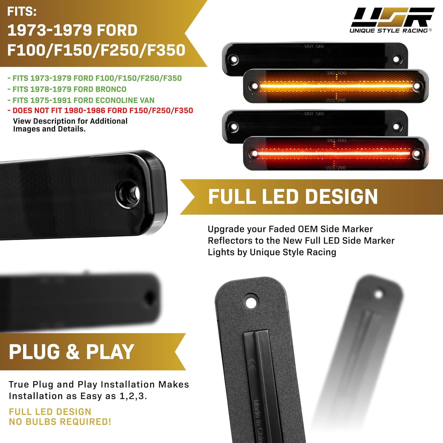 USR 73-79 F Series Pickup Side Marker Light – 4pc Front & Rear Parking Lamps (Left + Right) Set - Compatible with 1973-1979 Ford F100/F150/F250/F350 – BRONCO/ECONOLINE (SMOKE LENS w/AMBER/RED LED)