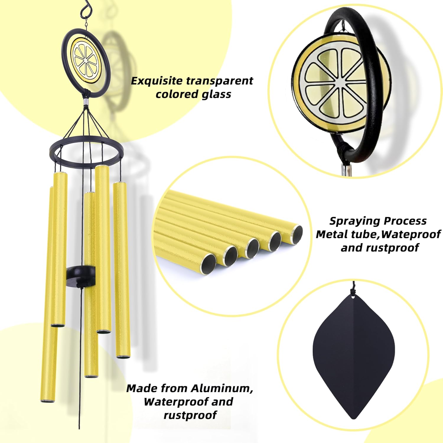 40in Lemon Gifts for Women Men,Lemon Decor Wind Chimes with 5 Heavy Tubes for Outdoor,Patio,Christmas Thanksgiving Gifts for Women,Mom, Grandma