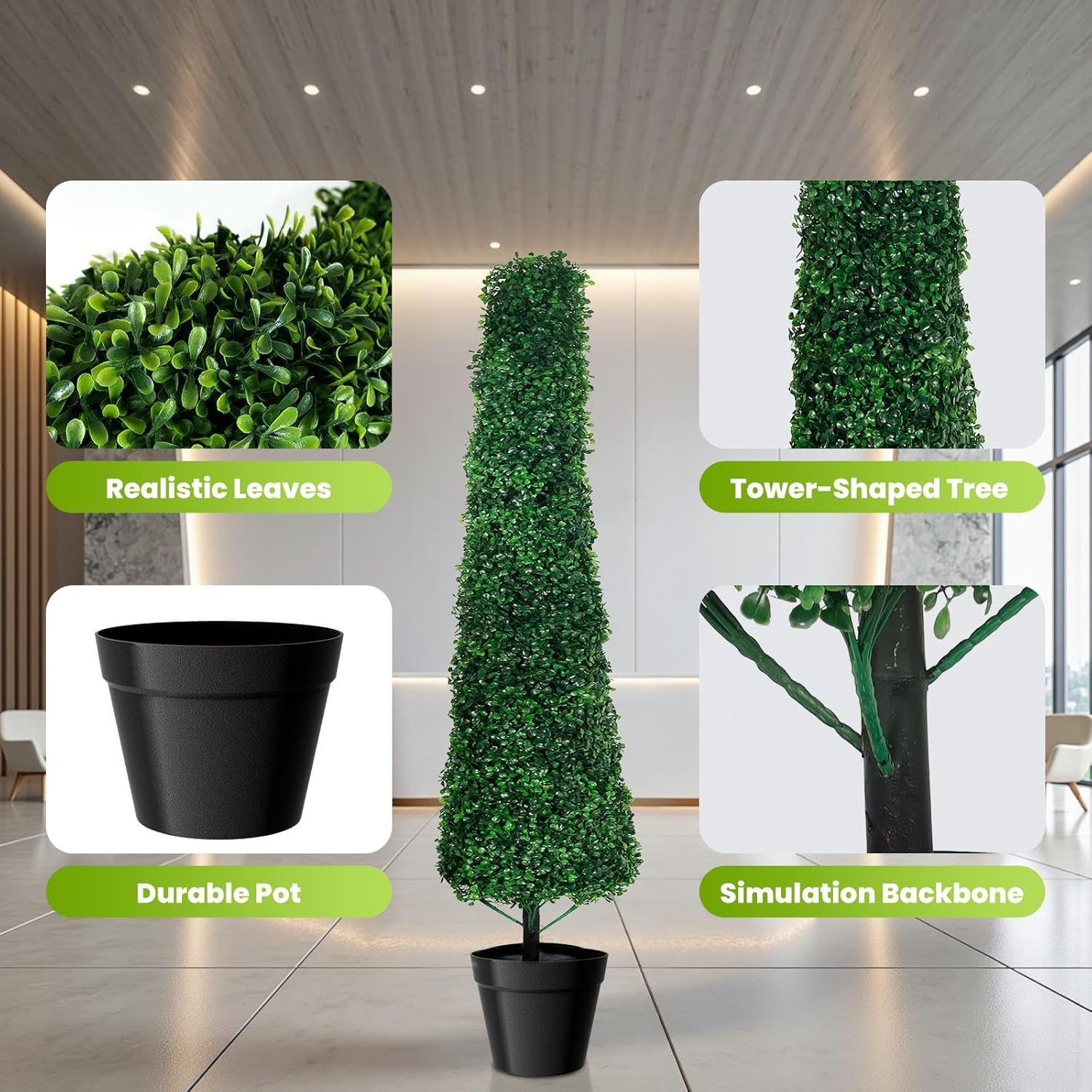 4’Boxwood Topiary Artificial, Set of 2 4FT Cone-Shaped Topiary Trees with Heavy-Duty Base Tray, Realistic Potted Green Plants Decorative for Outdoor and Indoor, Low Maintenance Fake Shrubs