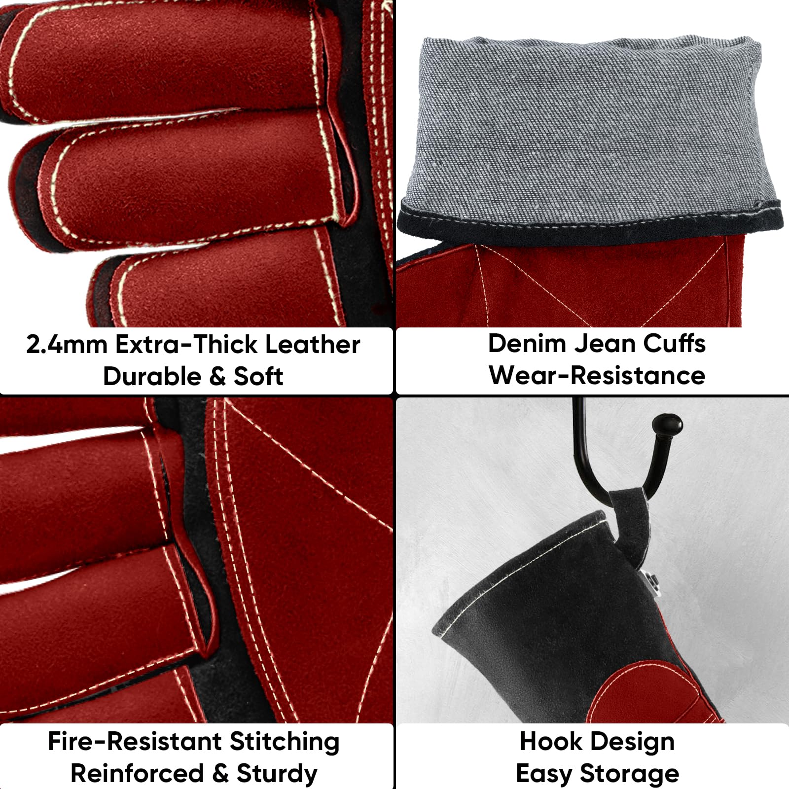 TICONN Gants de soudage de 40,6 cm, résistants à la chaleur de 537,8 °C, gants en cuir ignifuges pour soudeur, bâton, forge, Mig, Tig, barbecue, pâtisserie, four (noir/rouge, taille L)