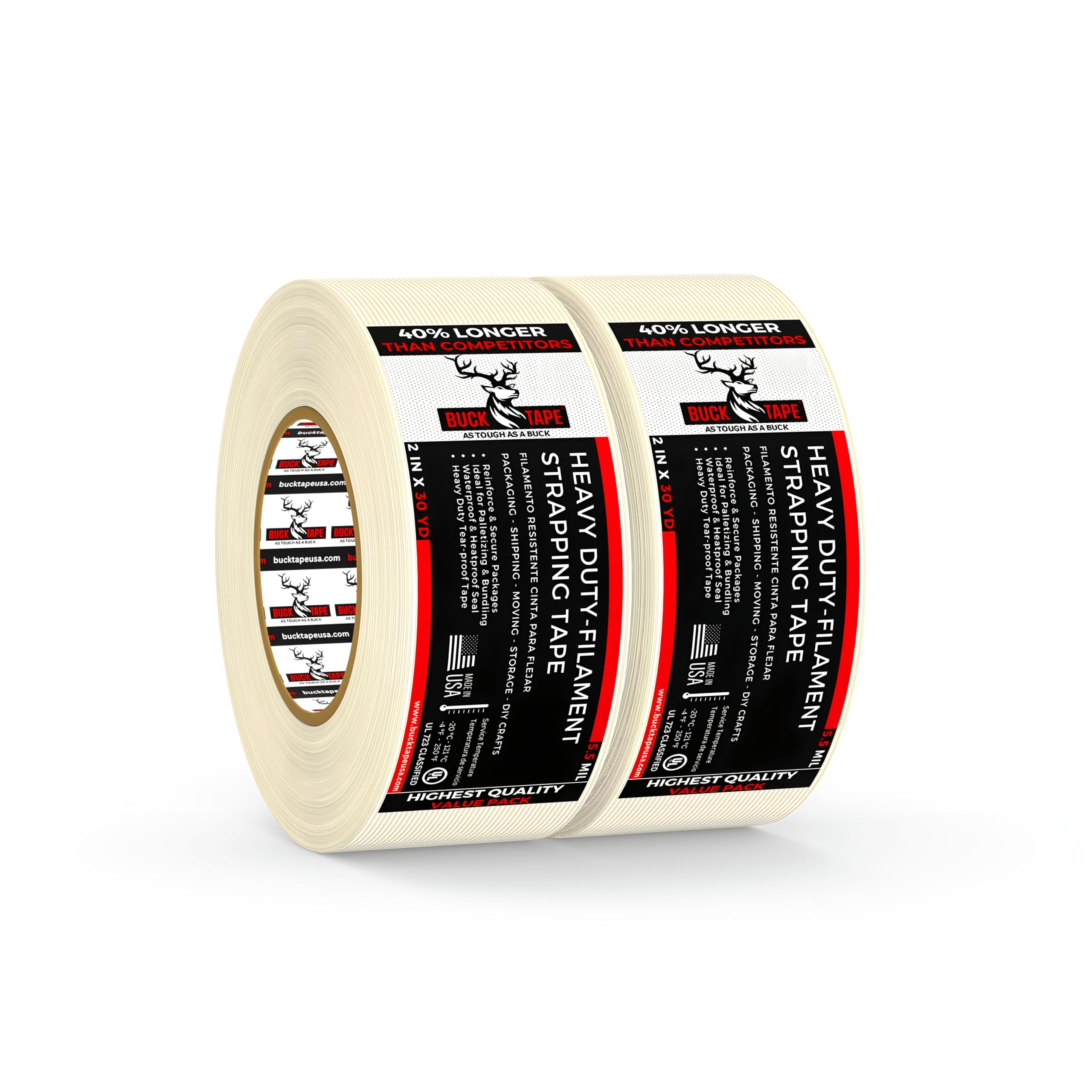 2 Pack Buck Strapping Tape 2 Inch x 30 Yds (90ft) - 5.5Mil Thickness, Heavy Duty Industrial Grade Mono Directional Fiberglass Reinforced Filament Tape with Synthetic PET Adhesive for Secure Packing
