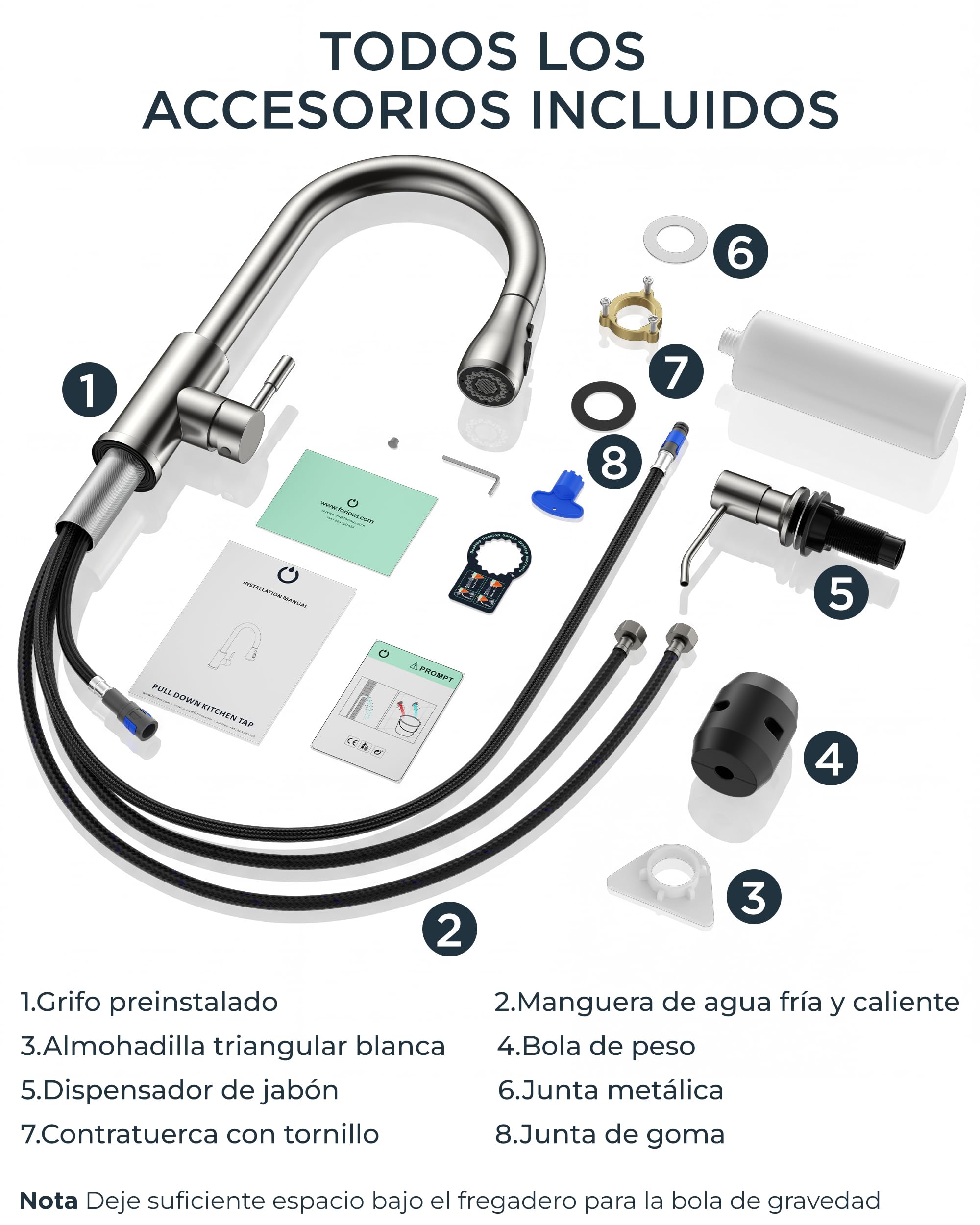 FORIOUS Grifo cocina con dispensador de jabón, Grifo Cocina Extraíble con 2 modos de rociado, mezclador monomando para agua caliente y fría, Acero Inoxidable