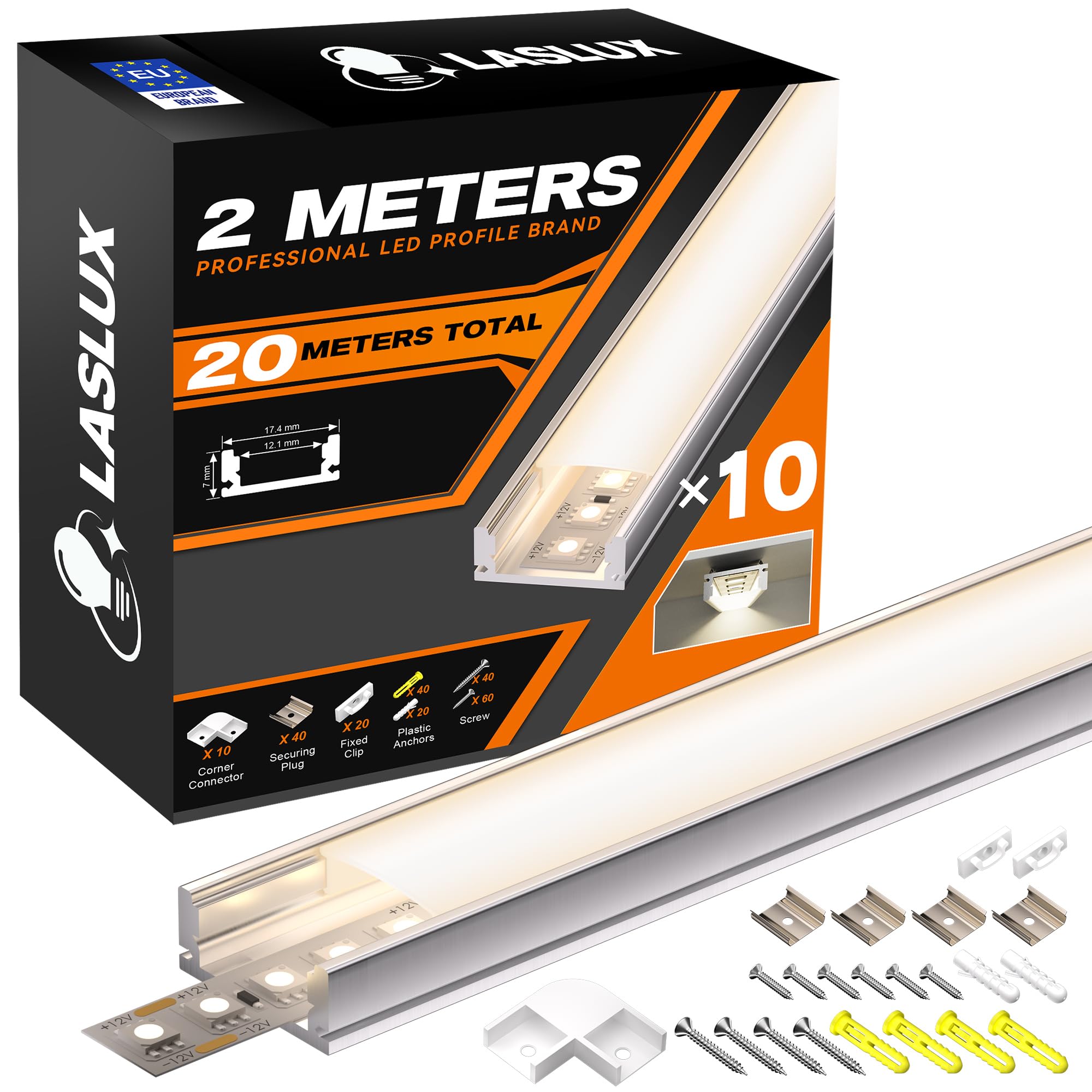 10 x LED Aluminium Profil weiB 2m für max Breite12.1mm Led Strip, L2000*17.4 * 7mm, Led Alu Profil Schiene U Form Eckprofil, LED Streifen Kanal und Diffusor (LED profil u form -2M, 10)