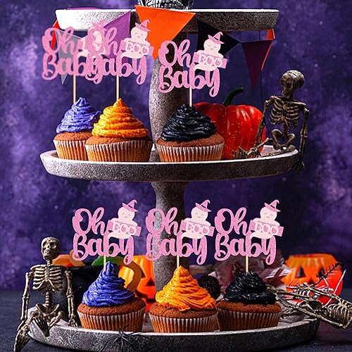 Miniatura 6 de Ercadio Paquete de 24 adornos para cupcakes Ghost Oh Baby con purpurina rosa para Halloween, fantasma, para cupcakes Ghost Oh Baby para baby shower,