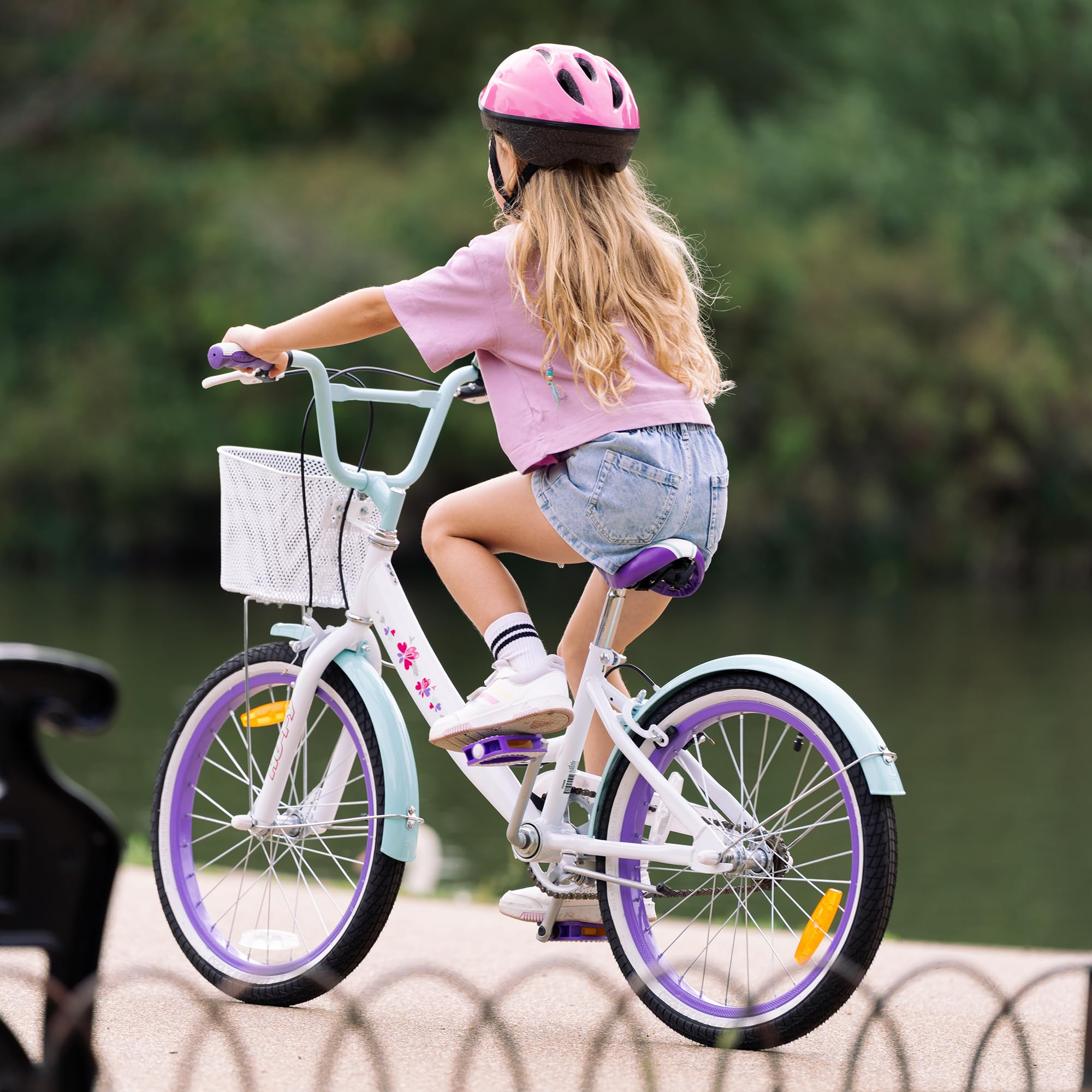 Huffy Girly Girl - Bicicleta para niñas de 20 Pulgadas + Cesta, Color Blanco, Azul y Morado de 6 a 9 años.