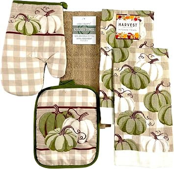 Farmhouse Fall Home Decor Kitchen Towels and Pot Holder Set Welcome Harvest Green and White Pumpkins with Beige Checkered Background