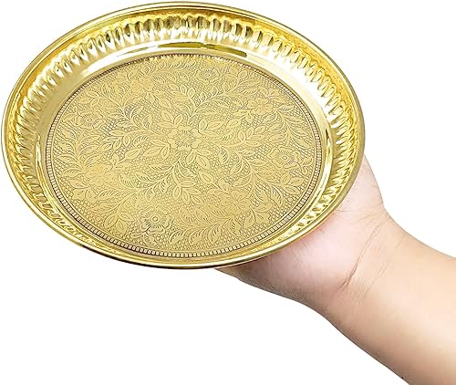 Miniatura 7 de BENGALEN Plato Pooja de latón de 10 pulgadas puro Pital Puja Arti Thali Pooja Thali Set tradicional hecho a mano para Puja Ghar Home Office Mandir