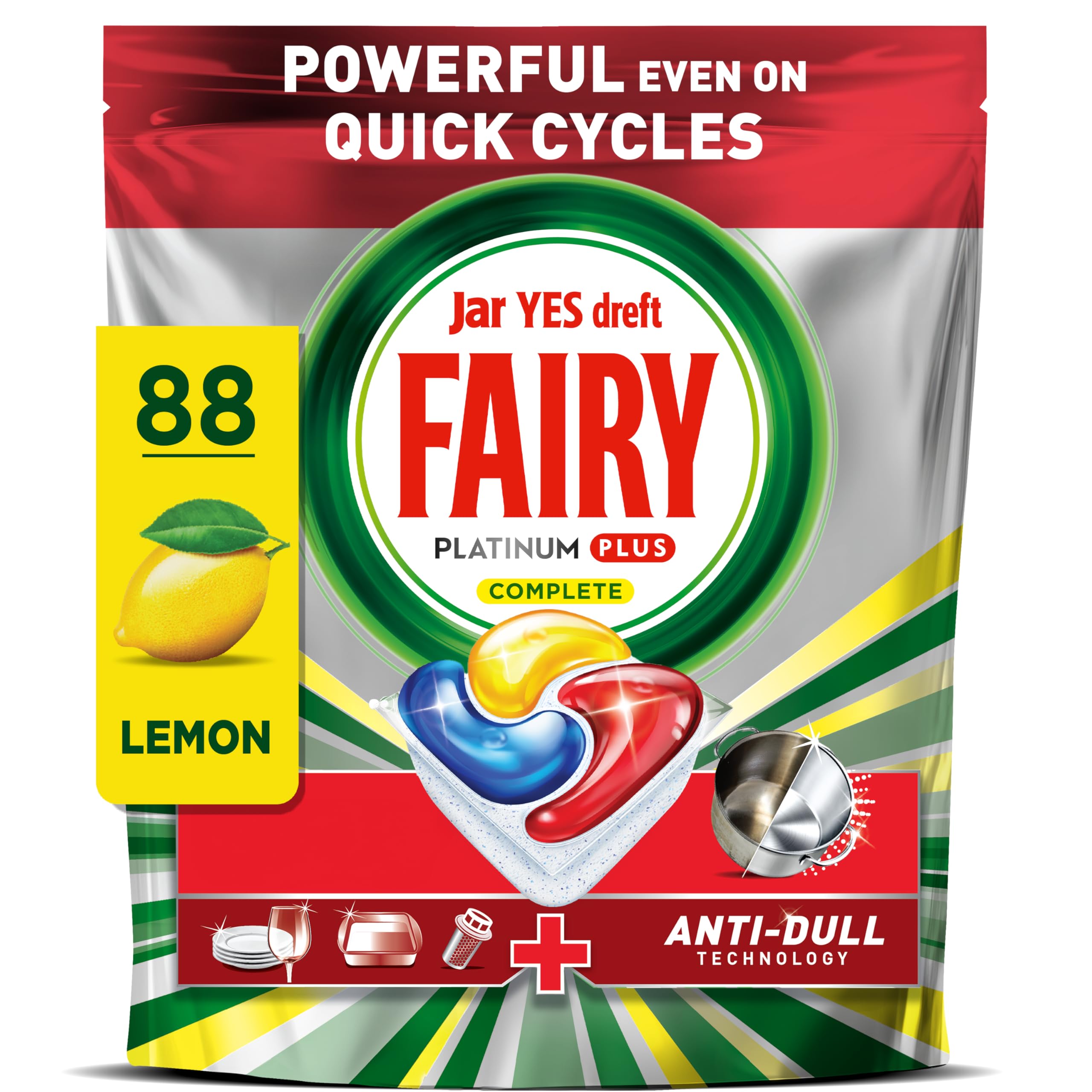 Fairy Platinum Plus Dishwasher Tablets Lemon, 88 Capsules, Impeccable Clean Even in Quick Cycles Without Pre-Wash, Anti-Dull Technology, Super Shine Function, Filter Clean