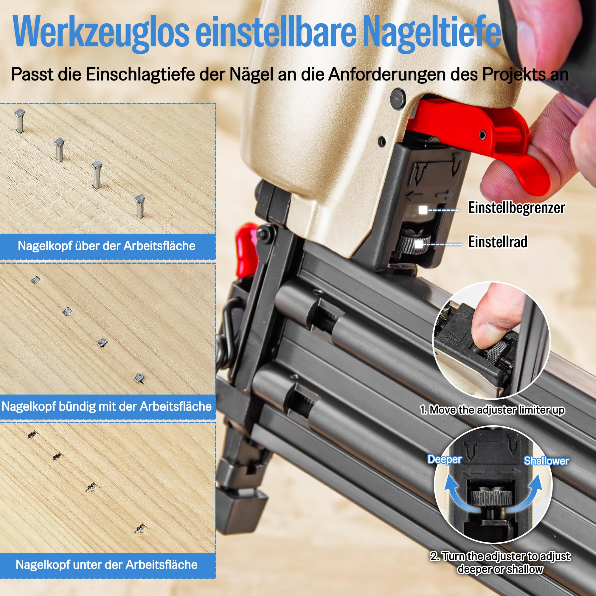 meite F50C Druckluftnagler mit Sicherheitsnase, Druckluft Nagelpistole für Stauchkopfnägel 18GA 15-50mm, Tiefeneinstellung max. 7 bar Stauchkopfnagler, Ideal für Zierleisten, Holzarbeiten