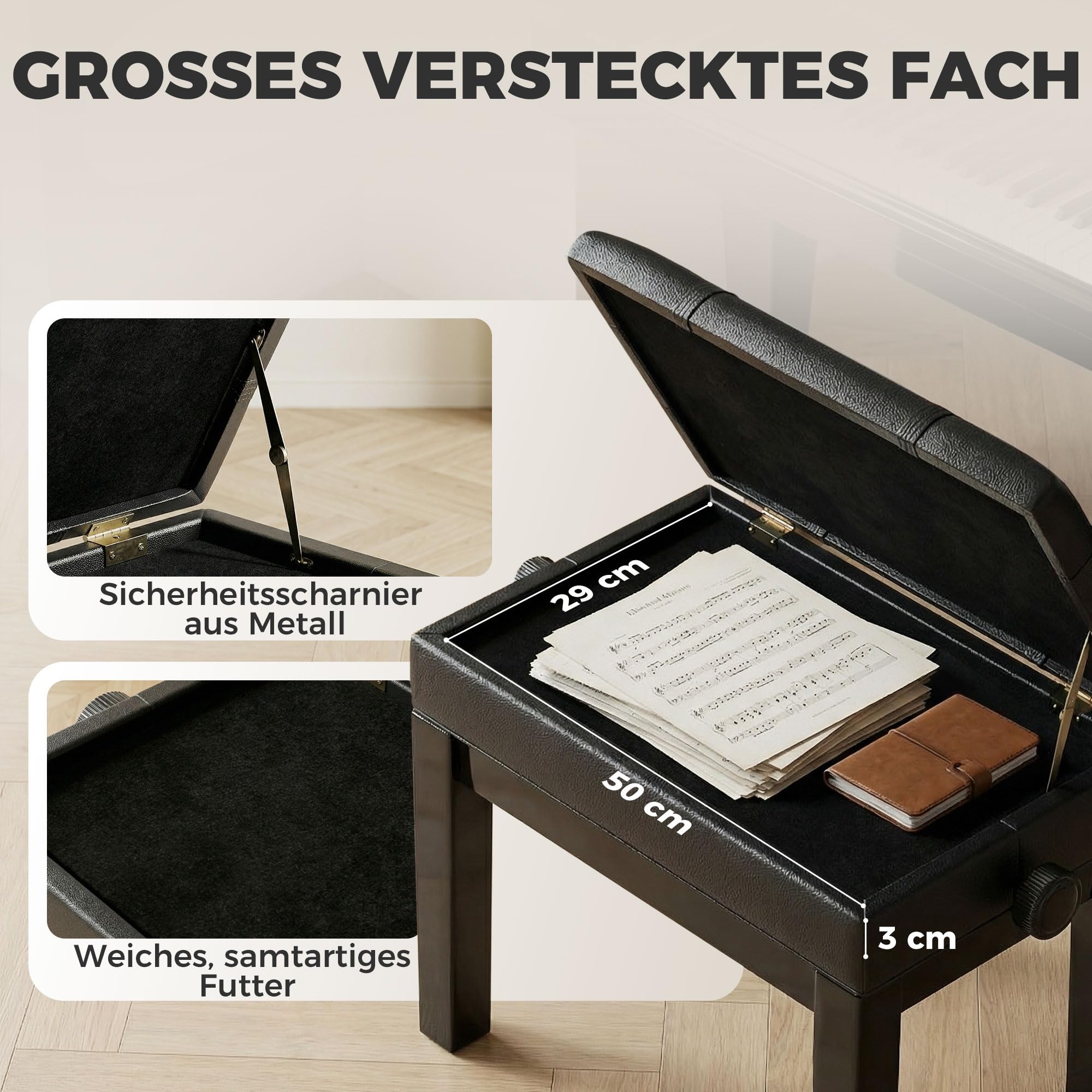 HOMCOM Regulowane krzesło do pianina, pianobank 63x35x46-56 cm czarny | Ławka do pianina z ukrytym schowkiem, poduszka skórzana eko, keyboardbank