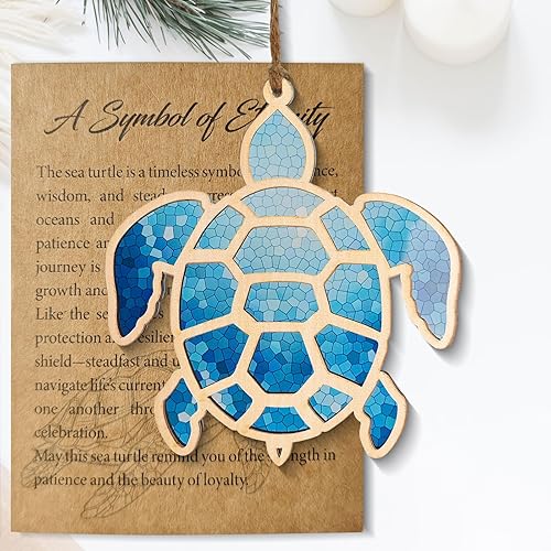 Miniatura 7 de Regalos de tortuga marina para mujer, adorno de tortuga de madera con vitrales acrílicos, decoración temática oceánica y regalos costeros para