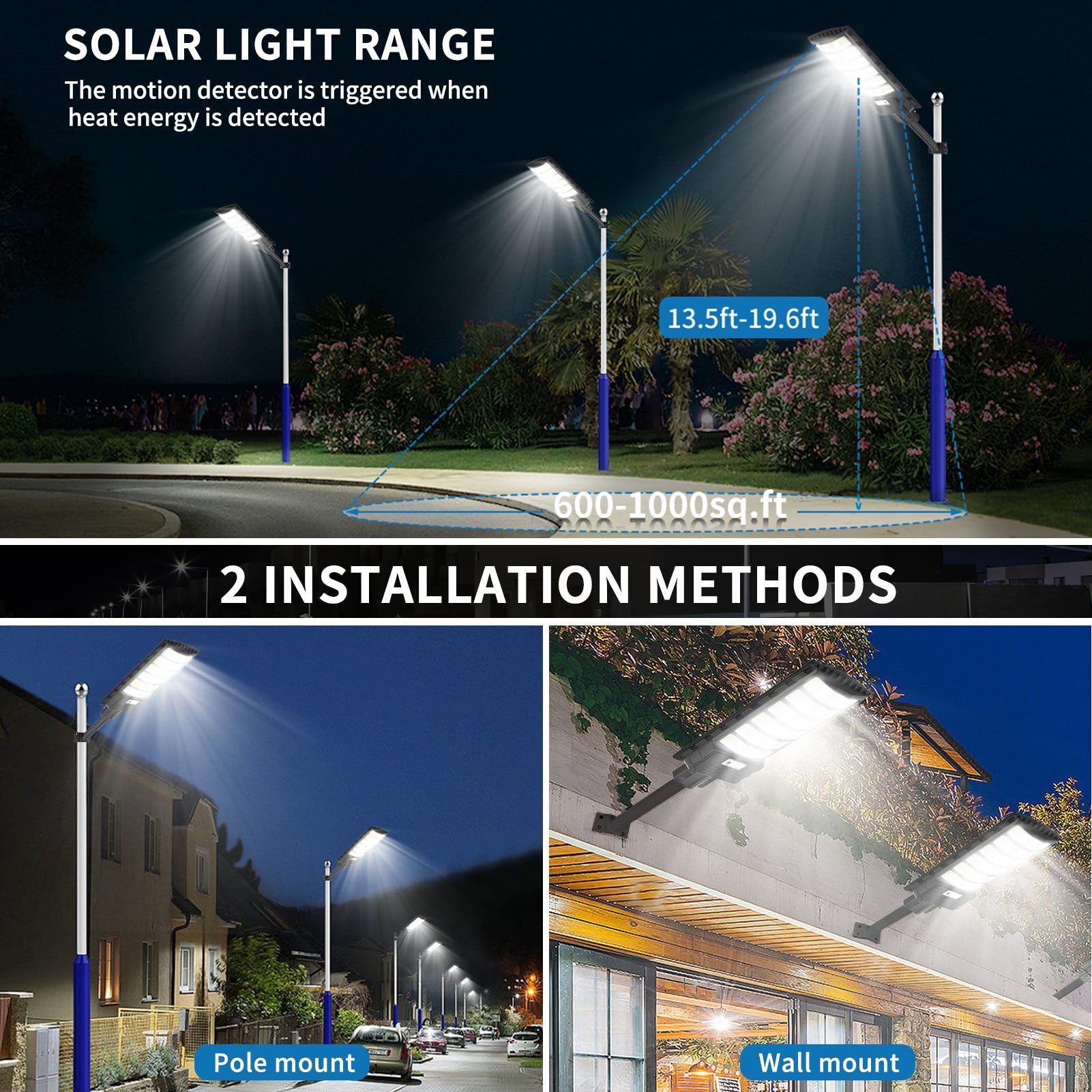 600W Solar Straßenlaterne, 6500K LED Strahler mit Bewegungsmelder Sensor, Straßenlampe Straßenleuchte Wandleuchte Wegeleuchte Außen-Sicherheitsbeleuchtung, Solarlampen für Garten Hof Garage