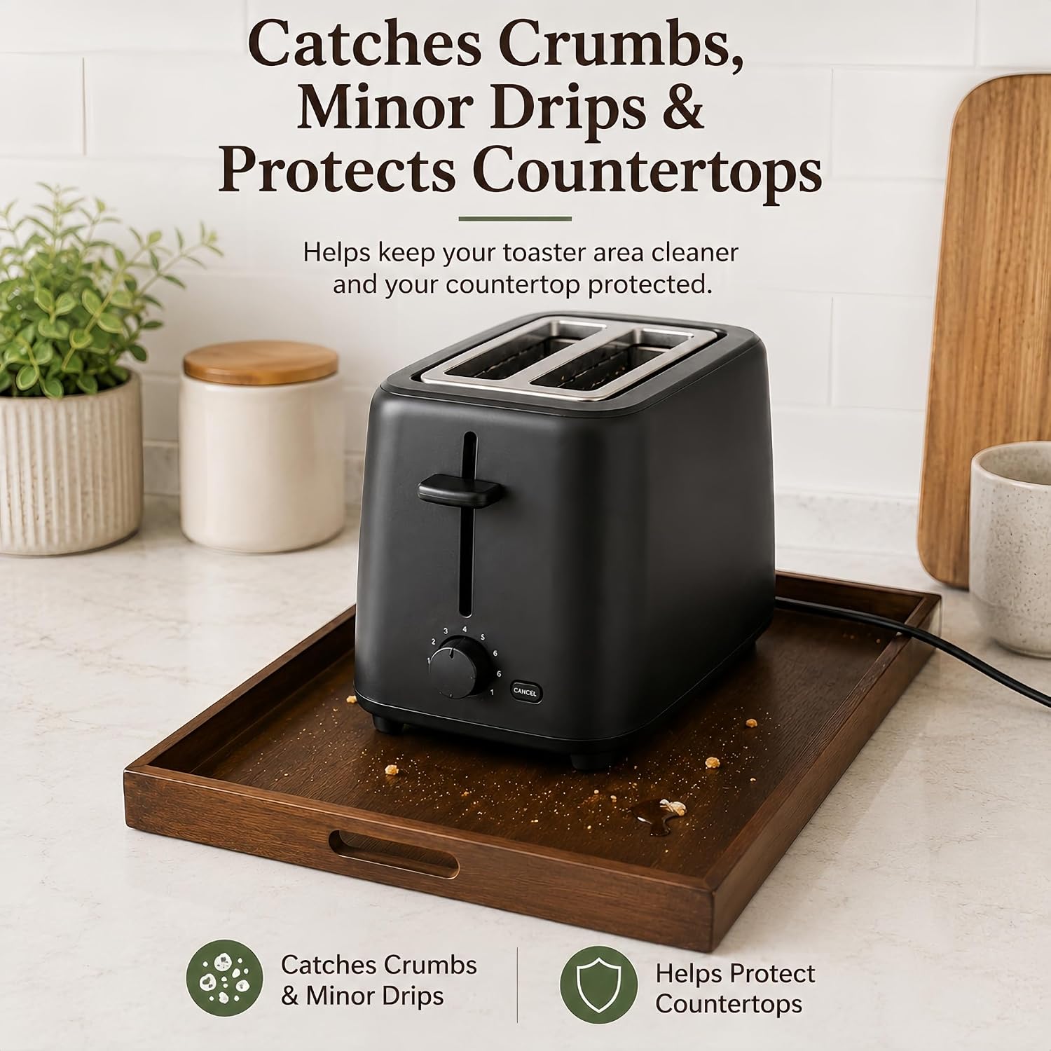 2 Slice Toaster Tray, Solid Wood Crumb Catcher for Under Toaster