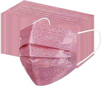 50Pack Sparkly Cute Disposable Face Masks, Pink Glitter Face Masks for Women Girls,3-Ply Soft Breathable Full Face Protection