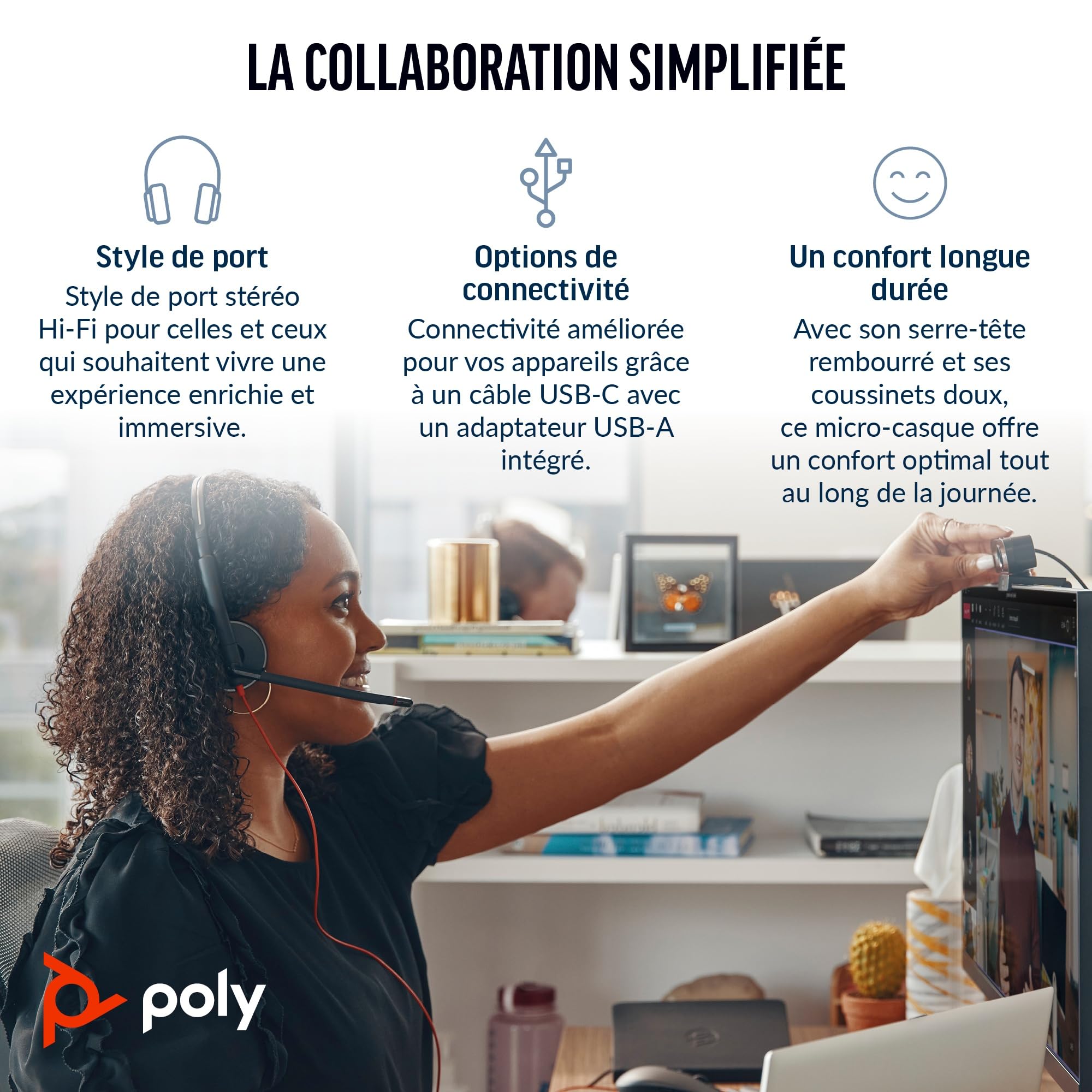 Micro-casque filaire Poly Blackwire 3320 – Perche de microphone flexible – Stéréo hi-fi – Connexion à un PC/Mac via USB-C ou USB-A – Fonctionne avec Teams/Zoom
