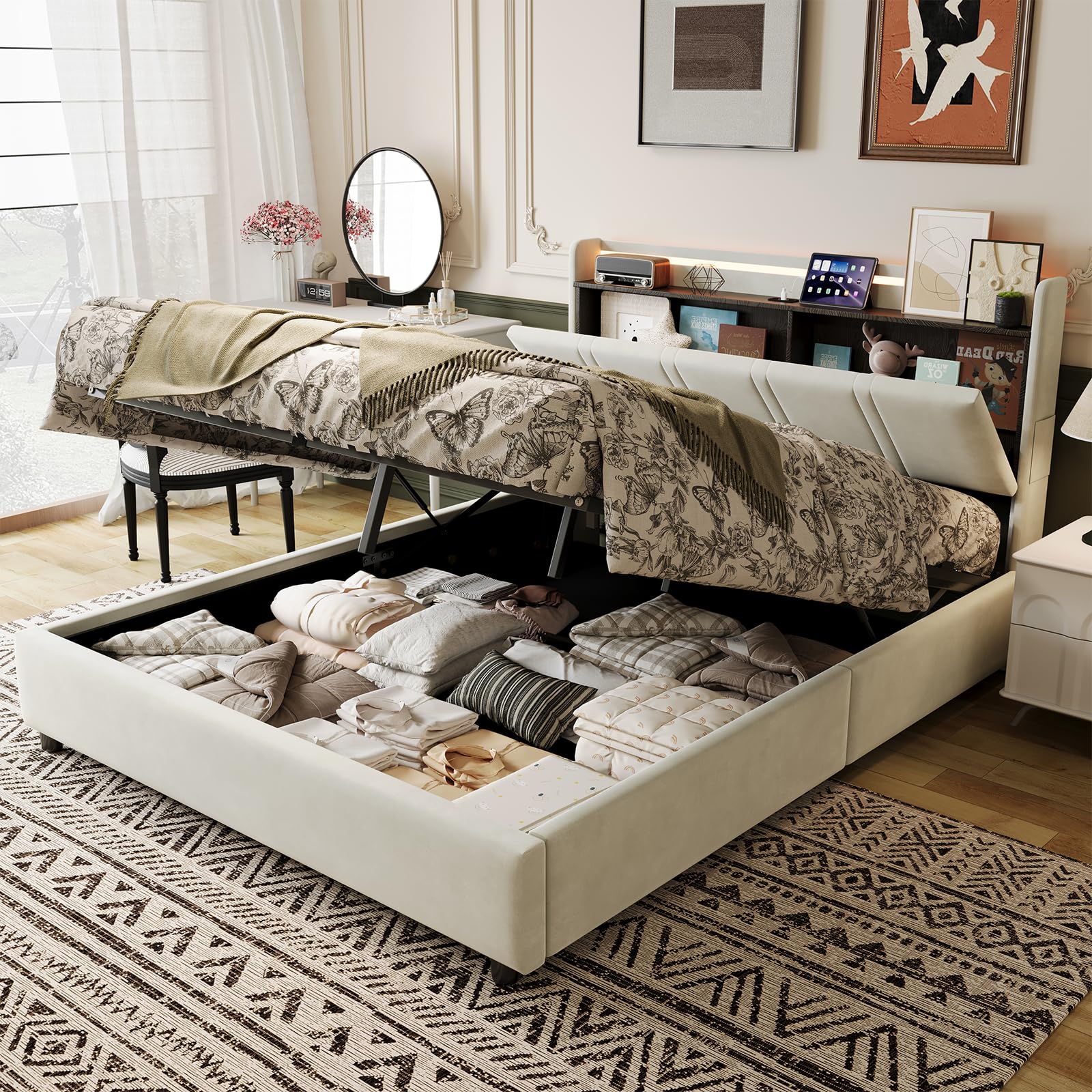 Camas Matrimoniales 160x200 con Almacenaje, Tira LED y USB C, Cama Canape Hidráulico con Alfombra Antipolvo y Cabecero Almacenaje Multifuncional,Cama Tapizada en Terciopelo,Somier Madera 500kg,Beige