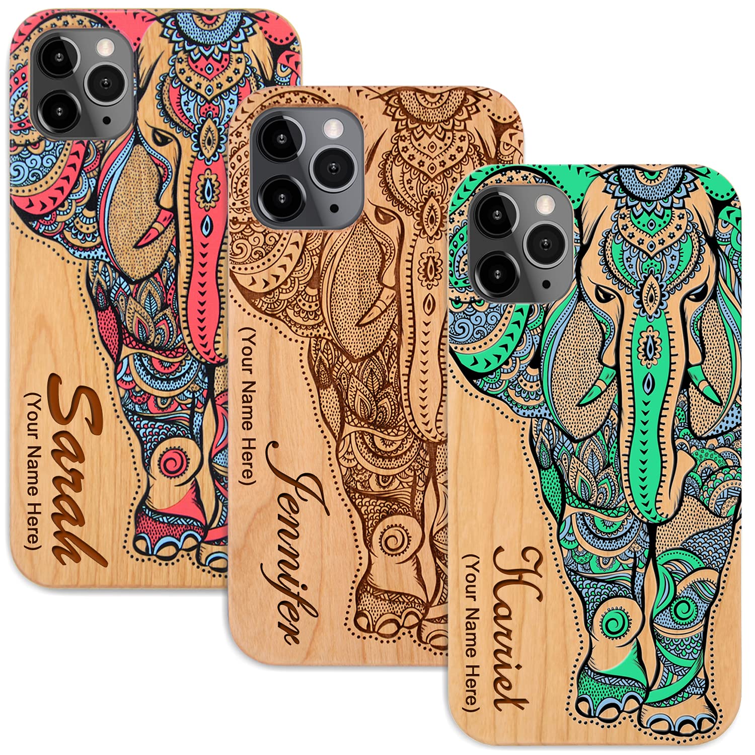 iProductsUS Compatible with iPhone 13 Pro Max (6.7") Customized Elephant Phone Case and Screen Protector or Magnetic Mount, Your Name Engraved/Printed in USA [Metal Plate Built-in Optional]