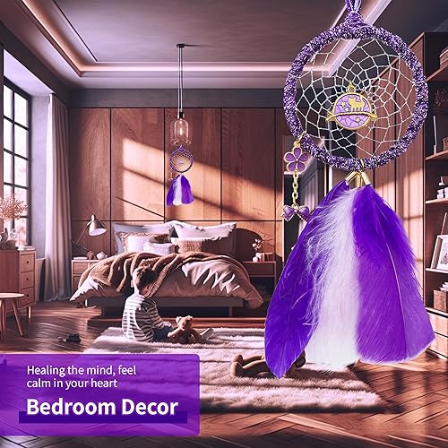 Miniatura 4 de Mini atrapasueños  Lindo gatito con plumas de pavo, franela púrpura pastel, pequeño atrapasueños hecho a mano para dormitorio, un atrapasueños para
