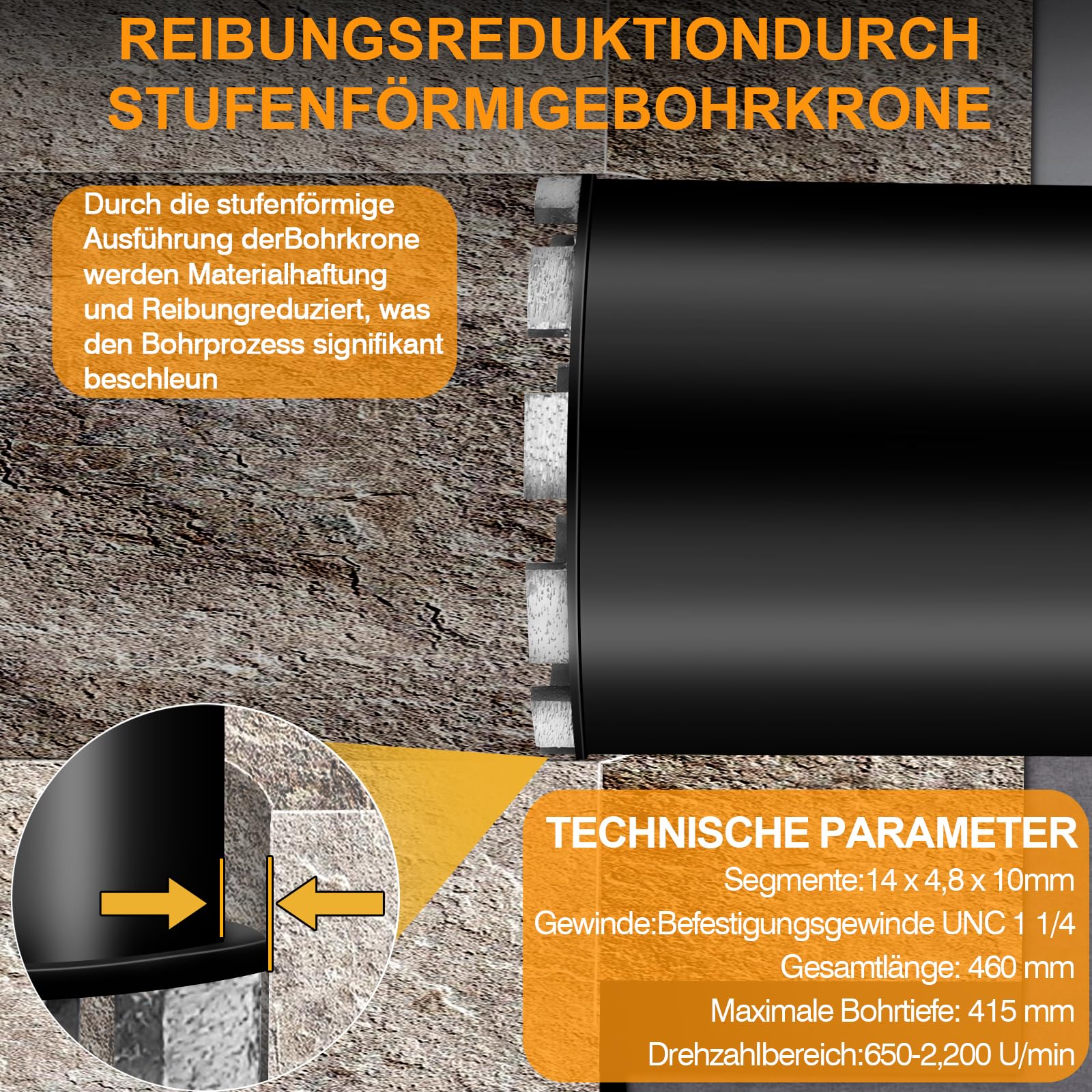 Kernbohrer Diamantbohrkrone Ø25mm mit SDS Max, 1 ¼'' Diamant Bohrkrone, L 460mm, Dosensenker Kernbohrkrone Nass-/Trockenbohrer, Lochsäge Fliesenbohrer für Beton, Mauerwerk, Stein, Ziegel, 2200 U/m