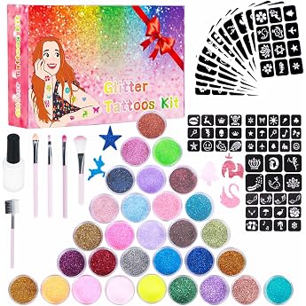 Glitter Tattoo Set Children DSYZWEE 30 Colours - Temporary Glitter Tattoos with 147 Stencils 5 Brushes 2 Glues Waterproof Tattoo Set for Girls and Boys Children's Birthday Party