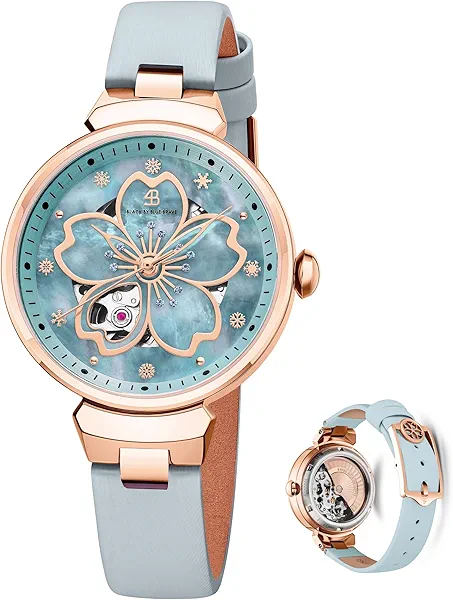 Women Watches Cherry Blossom Women's Watch Mother of Pearl Dial Ladies Watch with Leather Strap Sakura Petal Shape Cherry Blossom Watches for Women Sapphire Crystal Glass for Durability and Clarity