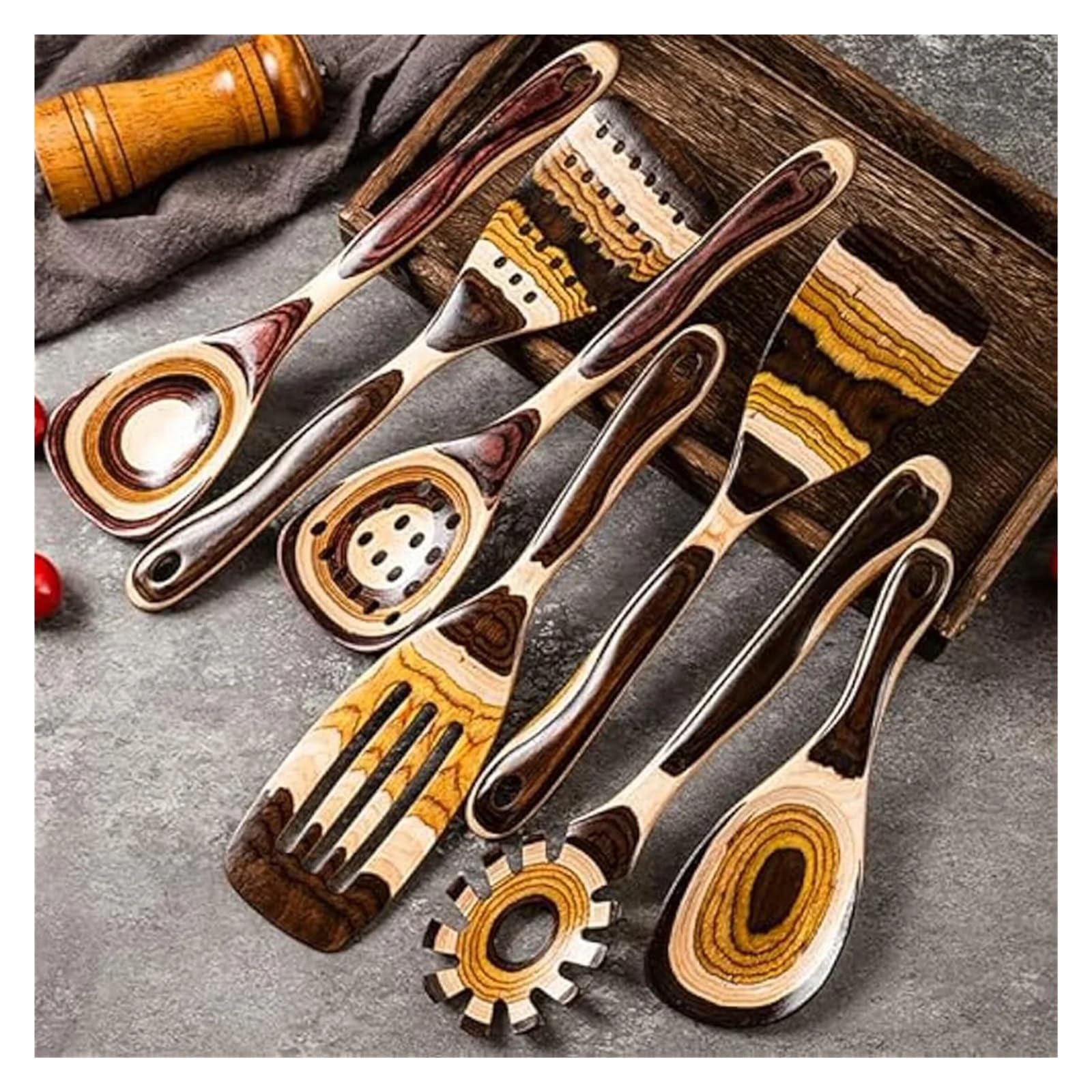 Juego de 7 utensilios Pakkawood ecológicos con cuchara de madera for cocinar.