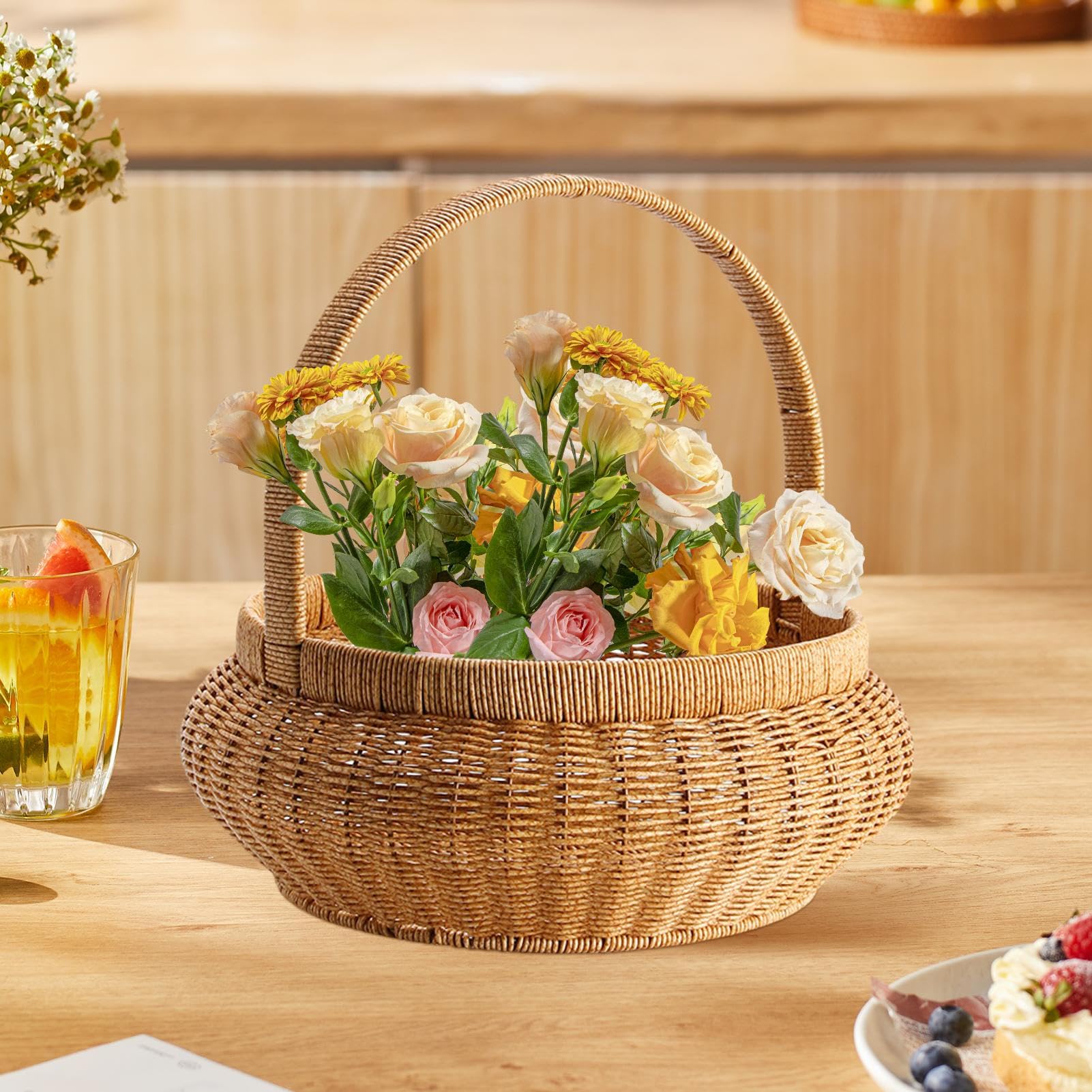 Woven Flower Basket - Organizer Na Żywność Z Wikliny Z Rączkami - Imitacja Rattanu Okrągły Pojemnik Dekoracyjny Do Przechowywania | Na Owoce Warzywa Chleb Serwowanie Dom Stół Piknik