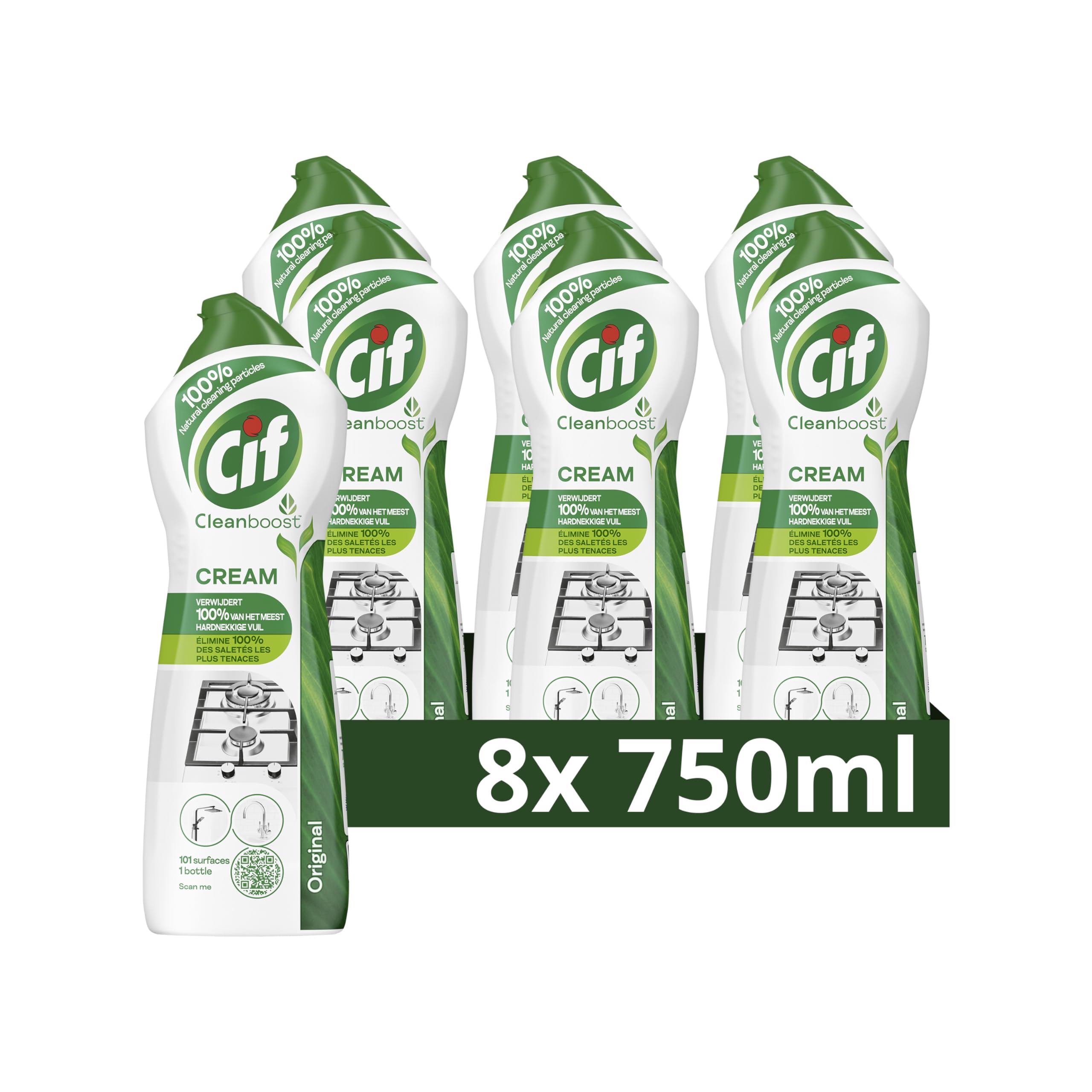 Cif CleanBoost Cream Original Abrasif pour un résultat final impeccable - 8 x 750 ml - Emballage économique