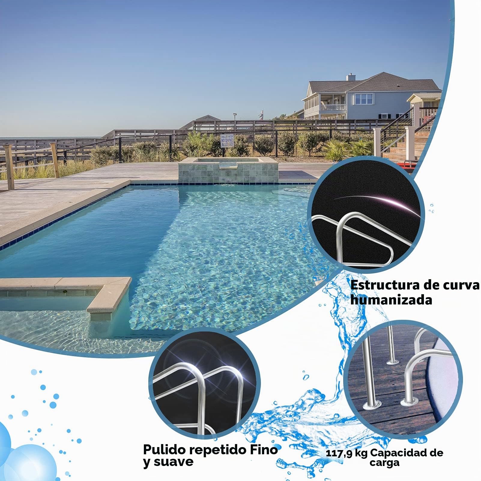PINFU Barandilla para Piscina Barandilla de fácil Montaje con Placa Base, barandilla de Acero Inoxidable 304 para Escalera de Piscina Barandilla para Piscina | Acero Inoxidable 304, Resistente a la corrosión, Placa base estable, Para escaleras de piscina,