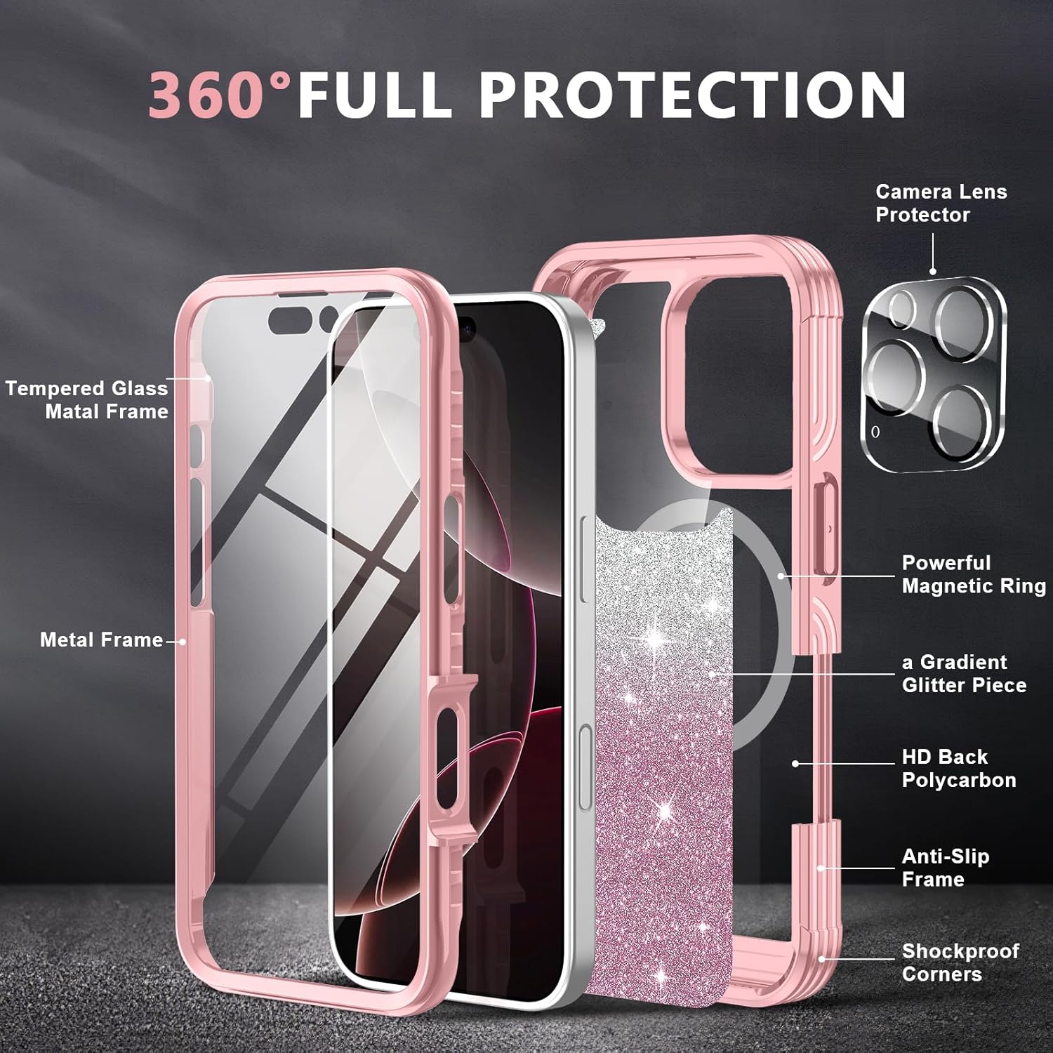 Hekodonk for iPhone 16 Pro Case,Compatible with Magsafe[Built-in 9H Tempered Glass Screen Protector & Camera Lens Protector] Full Body Shockproof Protective Women Girl Bling Case,Pink Glitter - Image 3