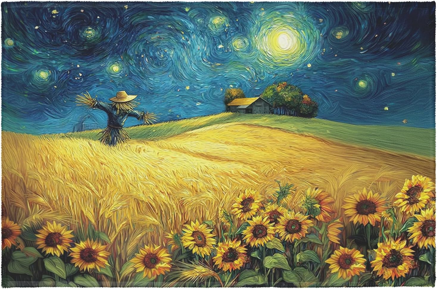 Fall Area Rug Autumn Starry Sunflower Scarecrow Rugs 24x35 Inch Wheat Field Harvest Area Rug Low Pile Washable Thanksgiving Carpet for Living Room Bathroom Front Door