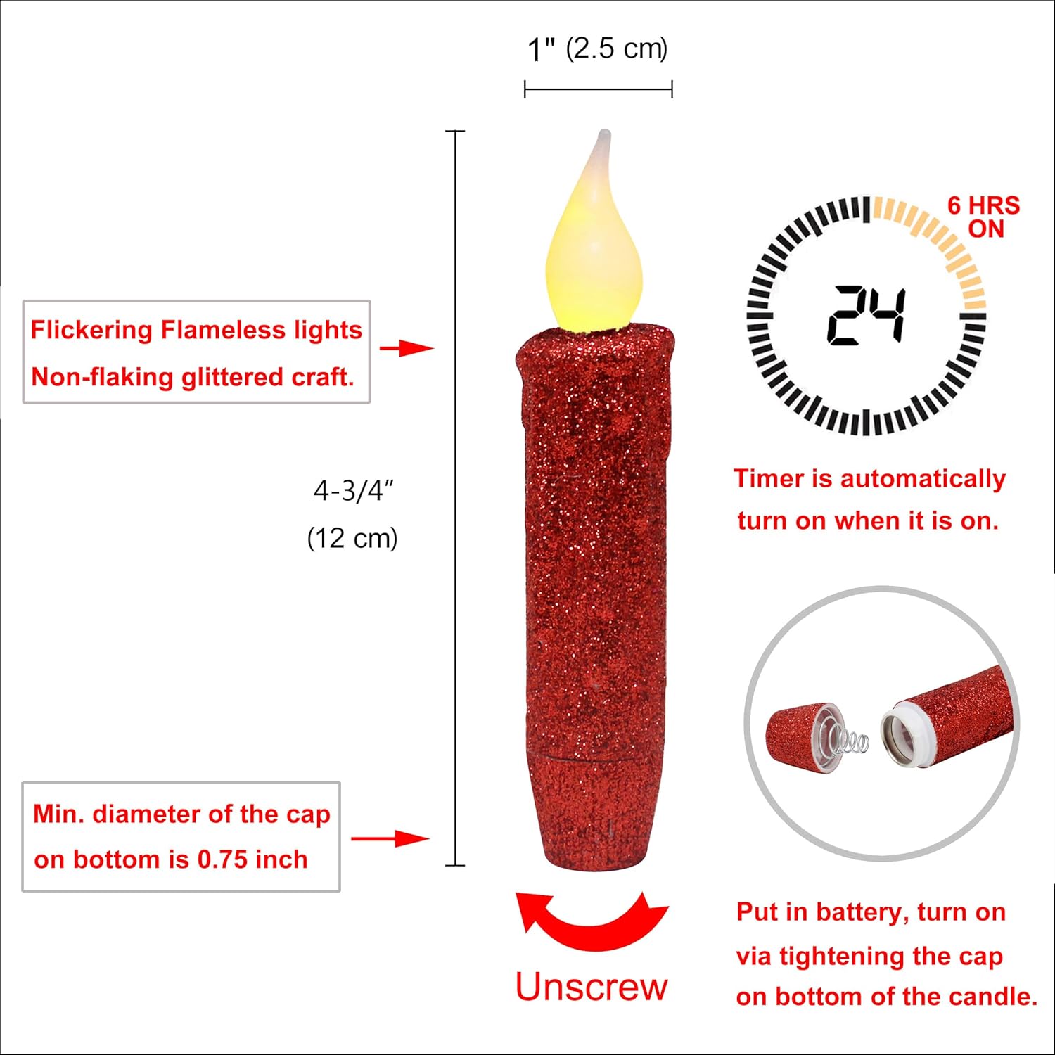CVHOMEDECO. Glitter Flameless Candles Flickering Battery Operated LED Taper Candles with Timer for Home, Wedding, Halloween, Christmas Decor. Red, 4-3/4 Inch, Set of 6