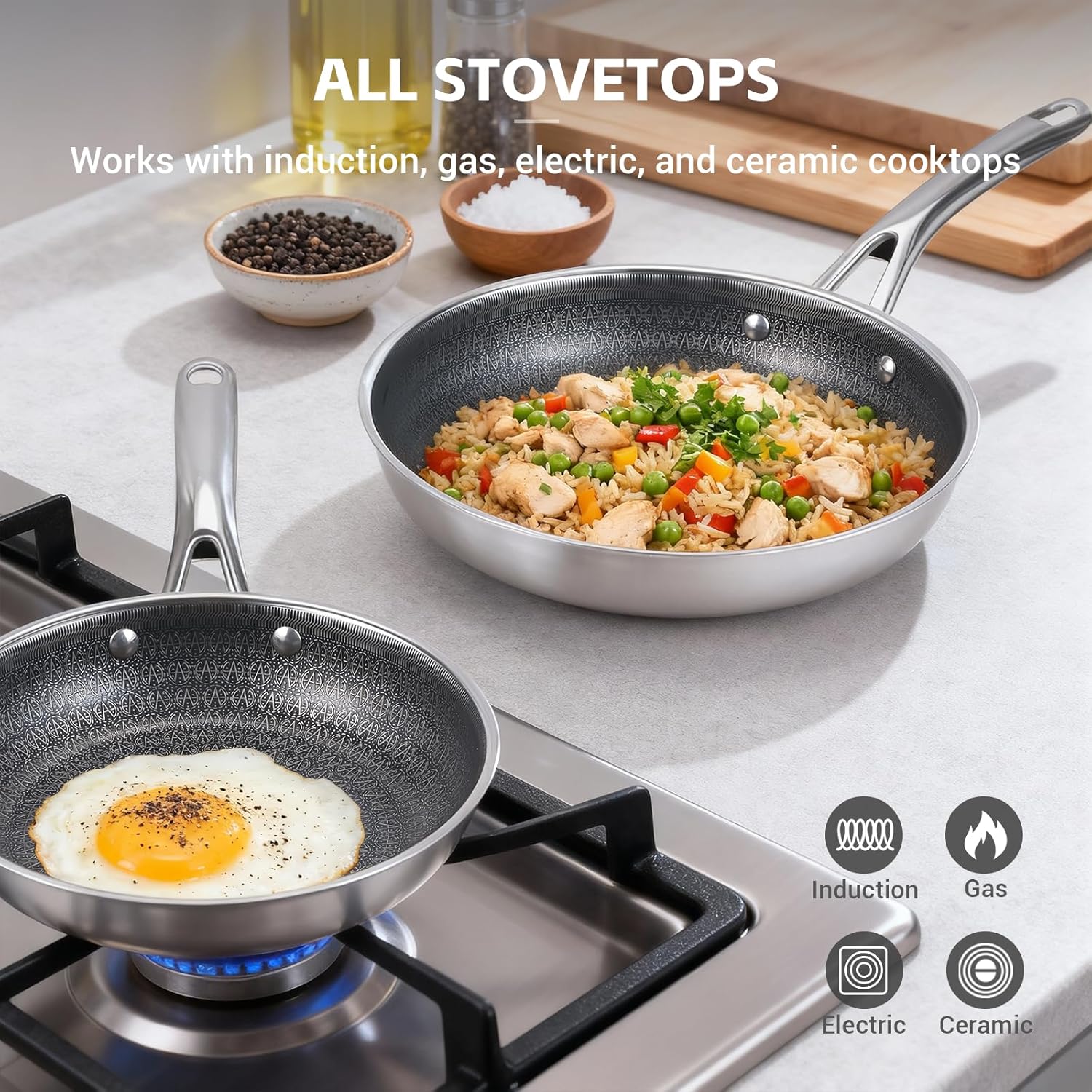 Ammeloo Tri-Ply Stainless Steel Frying Pan Set of 3, 8", 9.5", 11", Non Stick Frying Pans and Skillets, Non Toxic Hybrid Pan, Induction Compatible Cooking Pans, Chef Pan, Black Interior - Image 7