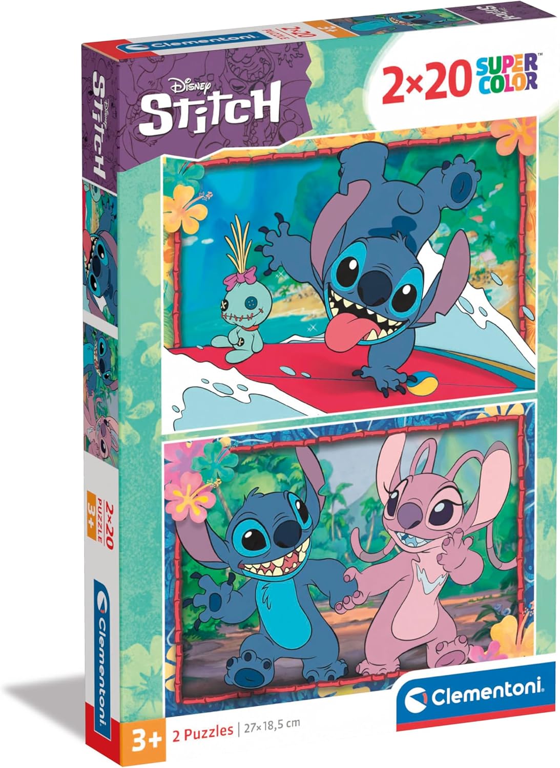 Clementoni - Disney Stitch Supercolor Stitch-2x20 (Includes 2 20 Pieces) Children 3 Years, Cartoon Jigsaw Puzzles, Made in Italy, Multicoloured, 24809