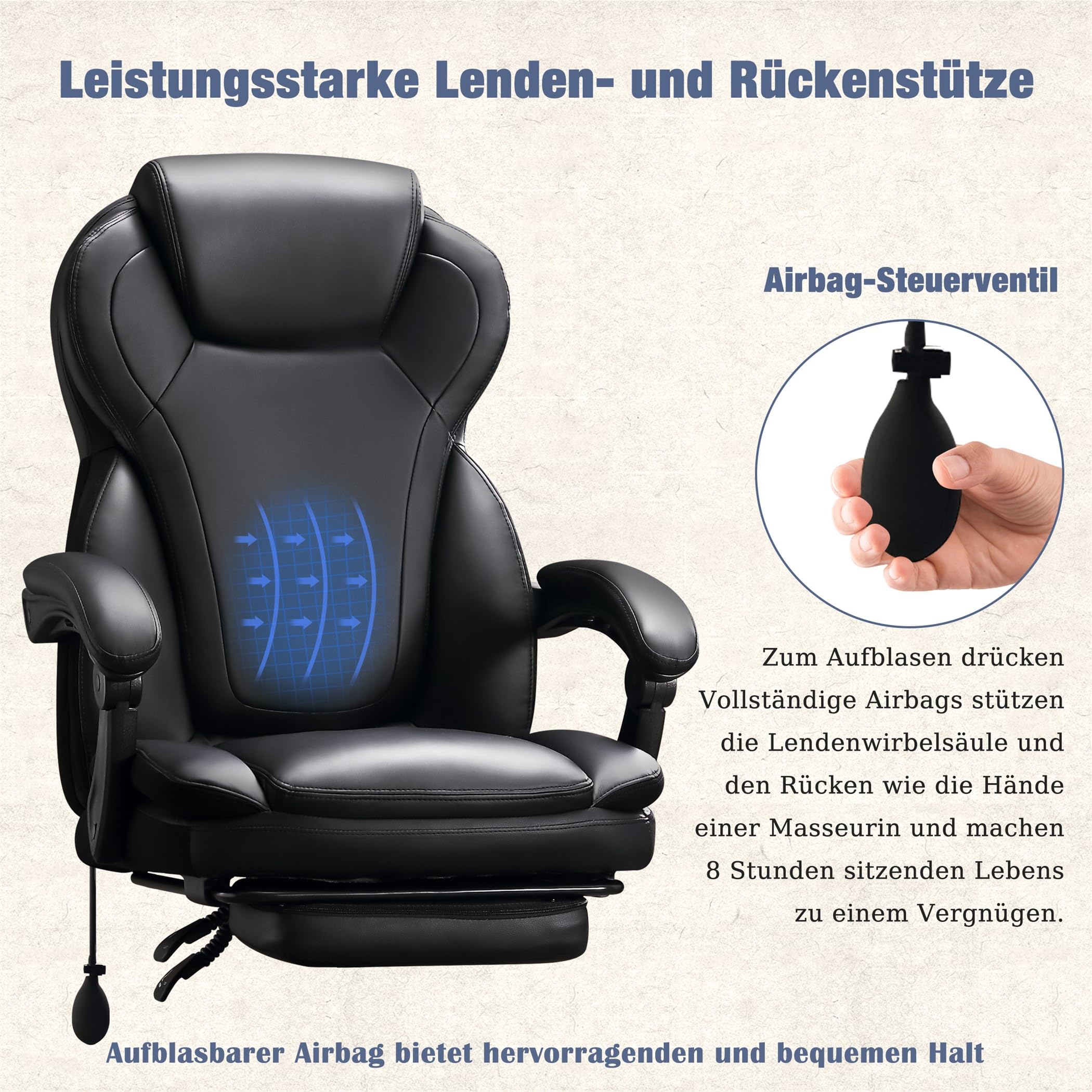 Bosmiller Ergonomischer Bürostuhl 180KG Verstellbare Schreibtischstuhl mit Hoher Rückenlehne und Breite Sitzfläche Hochklappbarer Armlehne Office Chair für Büro Computer Chefsessel