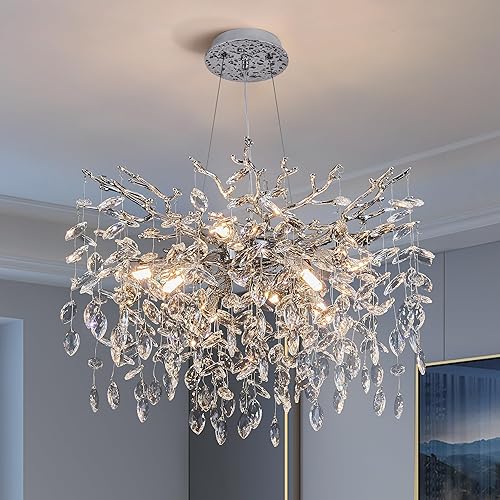 Modern Tree Branch Crystal Chandelier Luxury Silver Crystal Pendant Lighting 23.6" Contemporary 8-Light Chandeliers for Dining Room Kitchen Bedroom Living Room