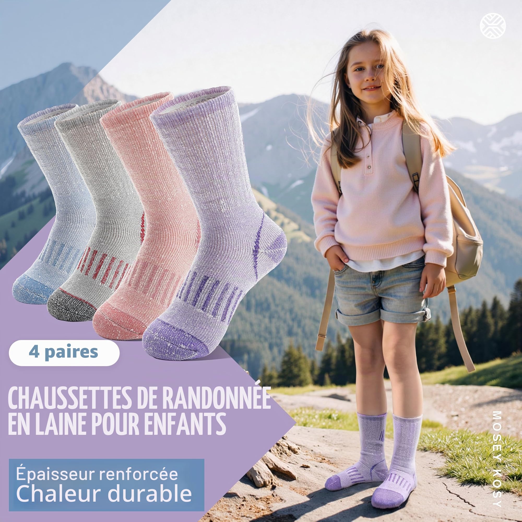 Chaussettes Randonnée Laine Mérinos Enfants MOSEY KOSY 4 Paires Thermique Hiver Chaudes Bottes Épaisses Snowboard