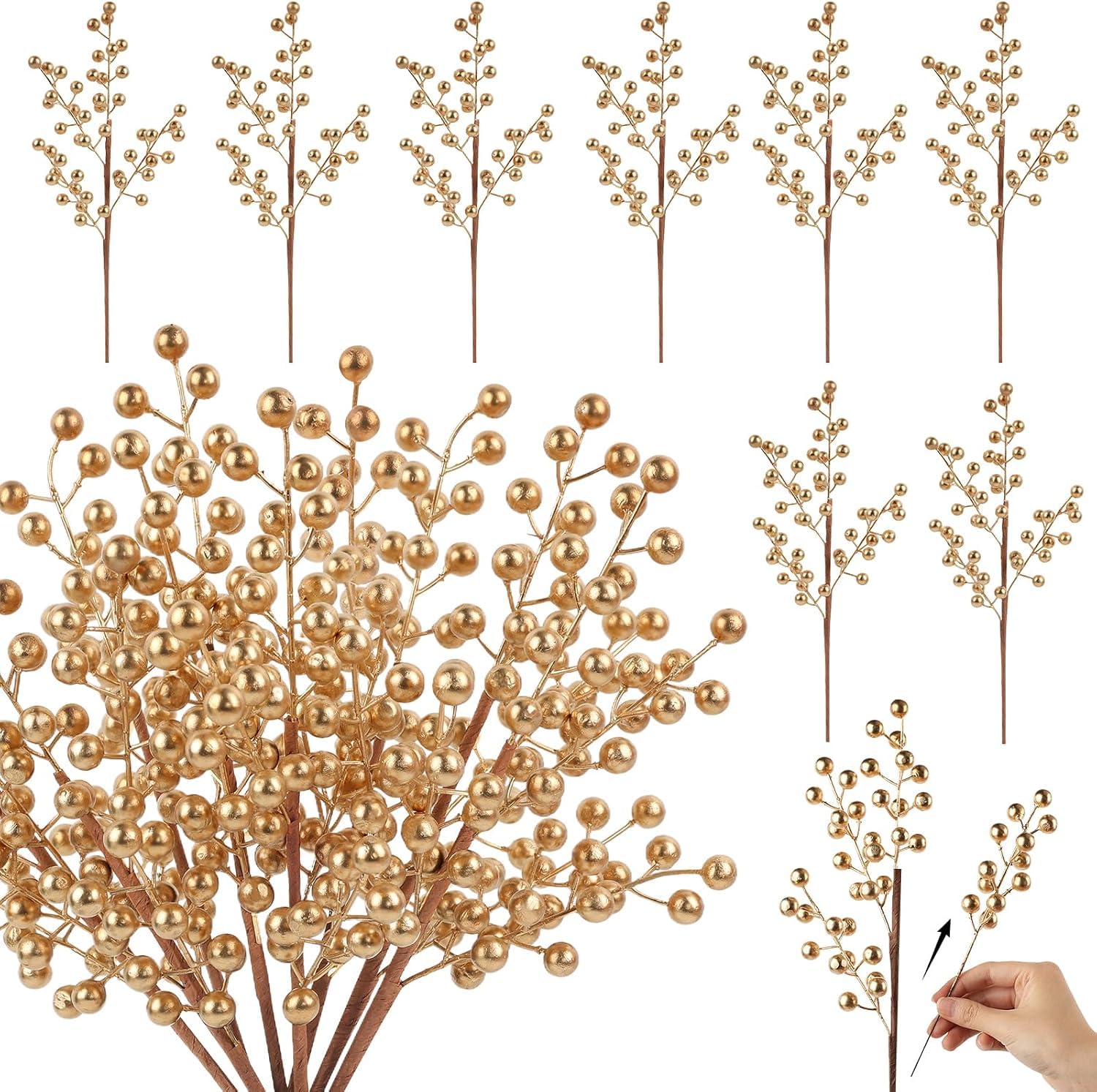 MACTING Christmas Holly Berry Stem Ornaments Faux Berry Stems, Gold — image 1