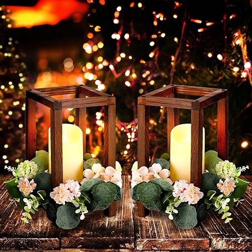 Miniatura 4 de Amyhill 12 centros de mesa de madera para bodas, decoración rústica de mesa de boda, farol de madera decorativo con velas LED sin llama, anillos de