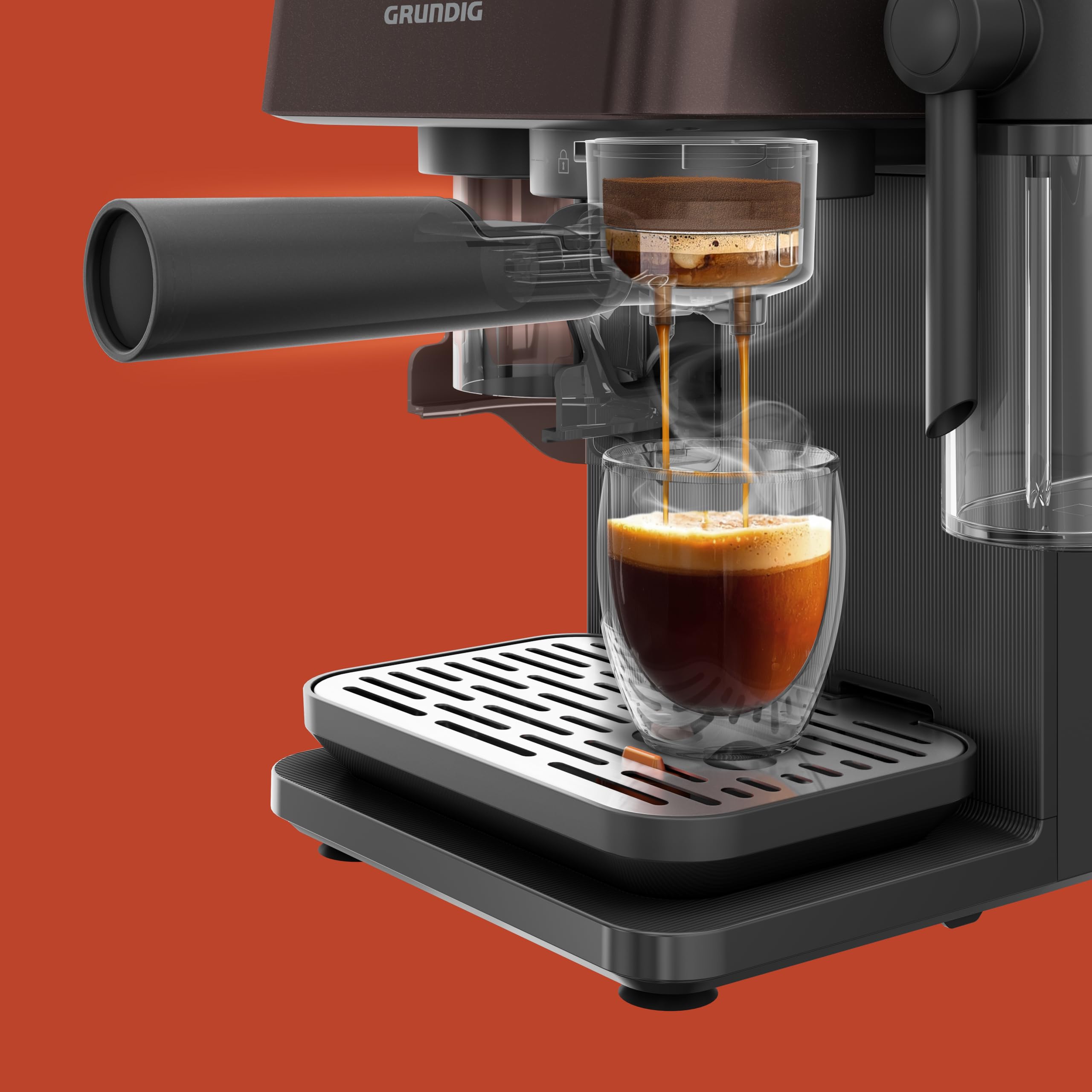 Grundig KSM 8530 Siebträgermaschine, 7 Kaffeespezialitäten inkl. Cold Brew, 1688 W, 20 bar, Edelstahlmahlwerk, Milchbehälter, Touch-Display, für Bohnen, Pulver & Kapseln, Schwarz/Braun