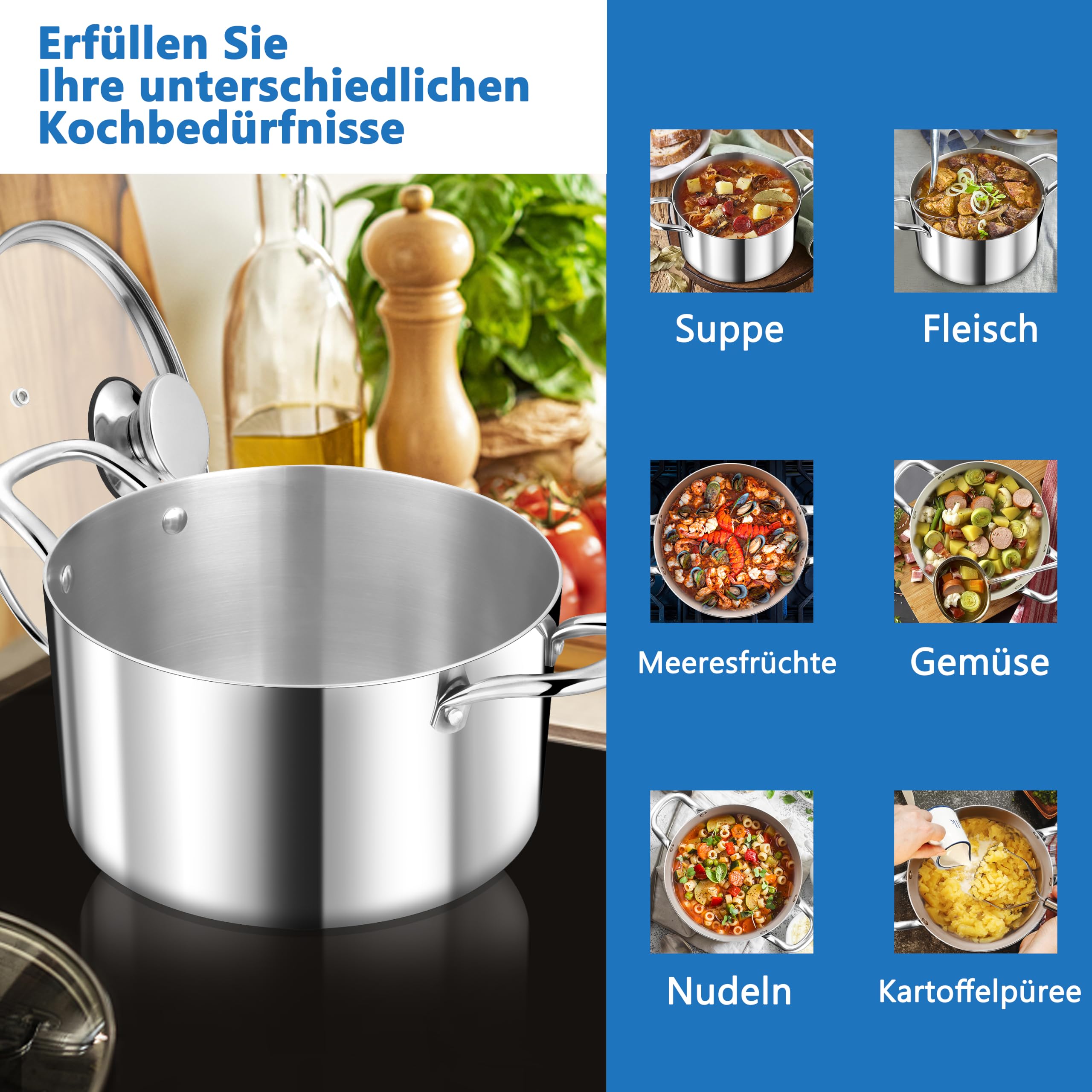 TEAMFAR Olla grande de 24 cm, 3 capas de acero inoxidable de 5,7 l, olla con tapa de cristal para todo tipo de cocinas, olla de sopa para pasta de inducción, acero inoxidable pulido y sin