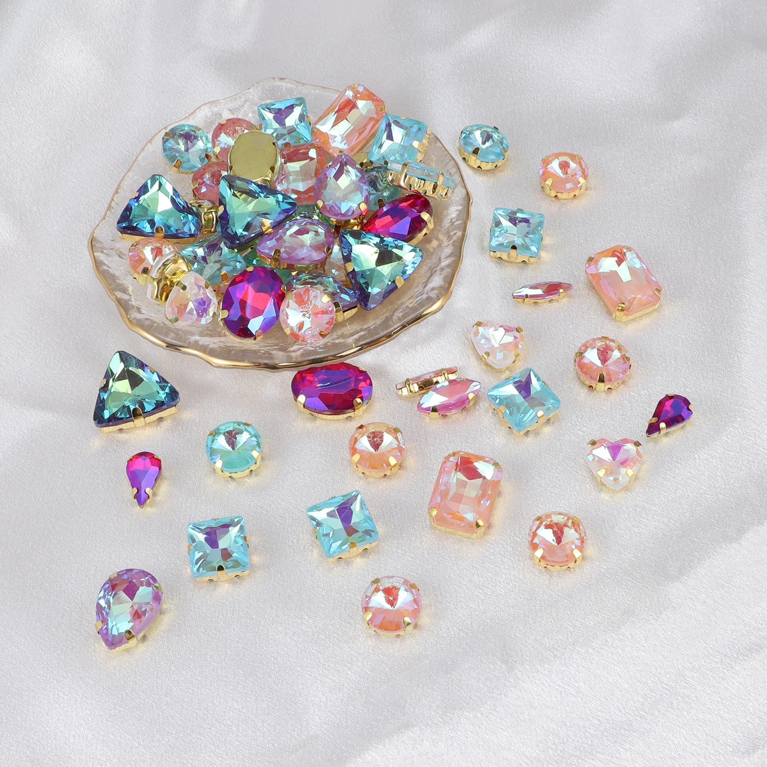 50PCS Sew on Rhinestones Mixed Color Mixed Shapes Glass Rhinestones Sew on Crystal Gems Mental Flatback with Gold Claw for Crafts Clothes DIY Jewelry Making - Image 2