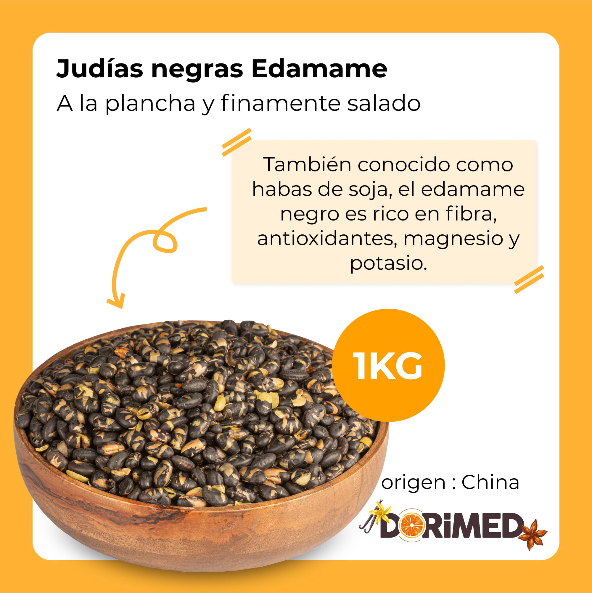 Habas de Soja Negra Tostadas 1kg | Soja Madura Tostada Ligeramente Saladas | 100% Origen Natural | Libre de Transgénicos (GMO free) | Altas en Fibra | Proteína para Veganos y Vegetarianos | Dorimed