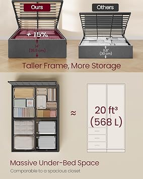 VASAGLE Small Double Bed Frame, 120 x 190 cm, Ottoman Bed with Lift-Up Storage, Hydraulic Lift, Modern Minimalist, Easy Assembly, Slate Grey RMB610GN01